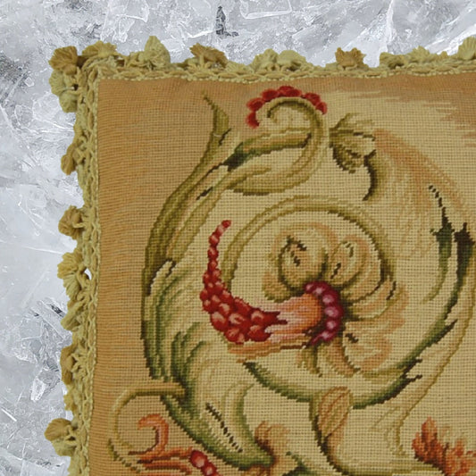 Handmade Wool Needlepoint Pillow Cover - Decorative Throw Cushion Cover - Vintage Floral Embroidery Design  Wheat blooming center circling with tassel