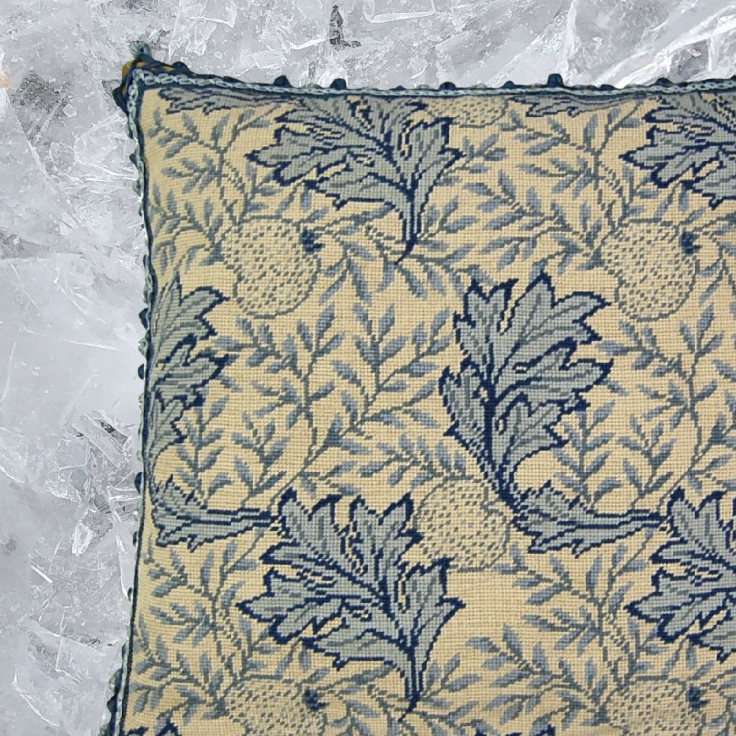 Handmade Wool Needlepoint Pillow Cover - Decorative Throw Cushion Cover - Vintage Floral Embroidery Design blue/white William Morris grapes leaves with 2 color tassels