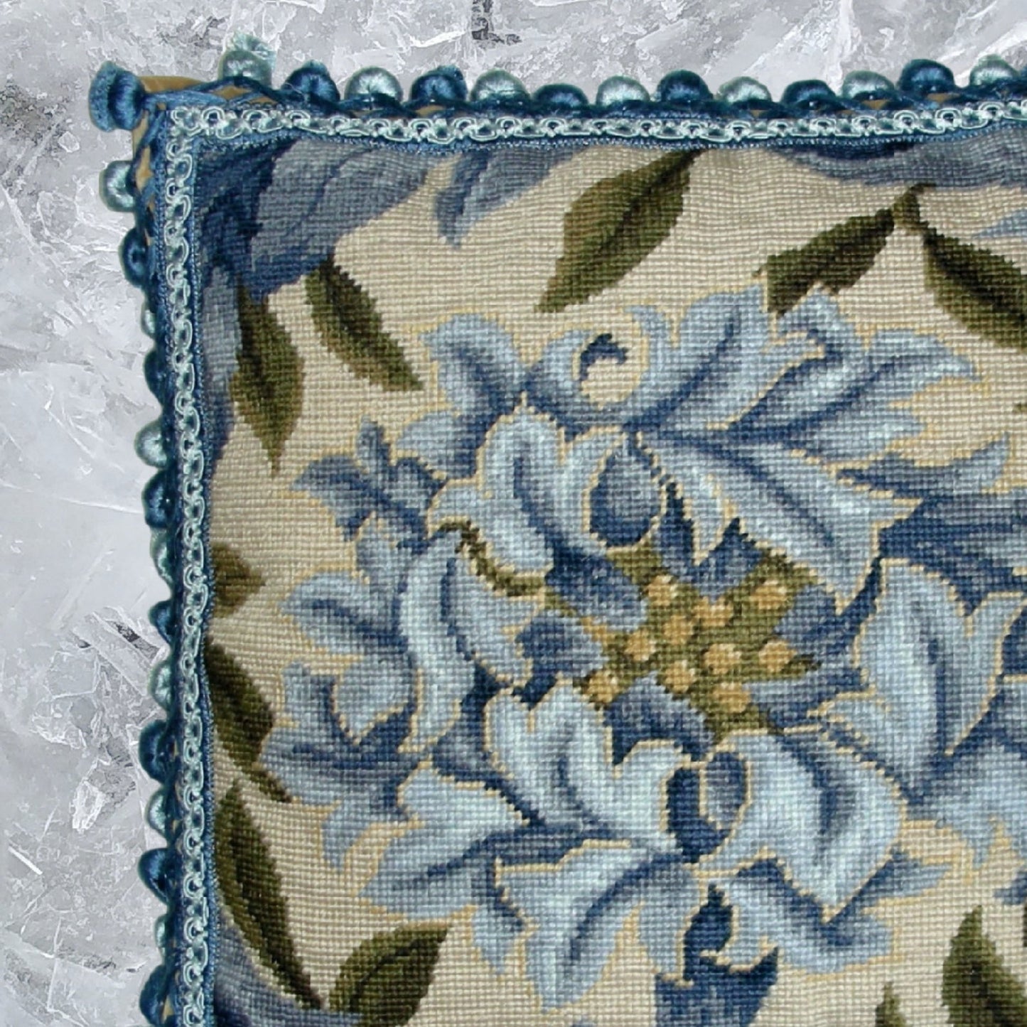 Handmade Wool Needlepoint Pillow Cover - Decorative Throw Cushion Cover - Vintage Floral Embroidery Design William Morris blue Chrysanthemum with 2 color blue tassels