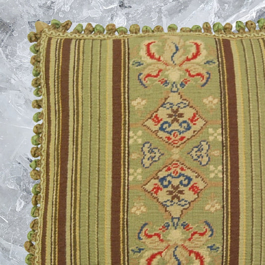 Handmade Wool Needlepoint Pillow Cover - Decorative Throw Cushion Cover - Vintage Floral Embroidery Design green/brown patten with lager patten center with 3 color tassels
