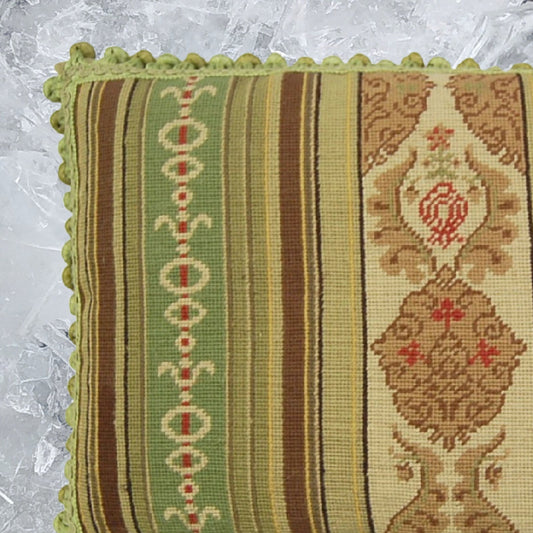 Handmade Wool Needlepoint Pillow Cover - Decorative Throw Cushion Cover - Vintage Floral Embroidery Design green/brown large patten in center with 3 color tassels