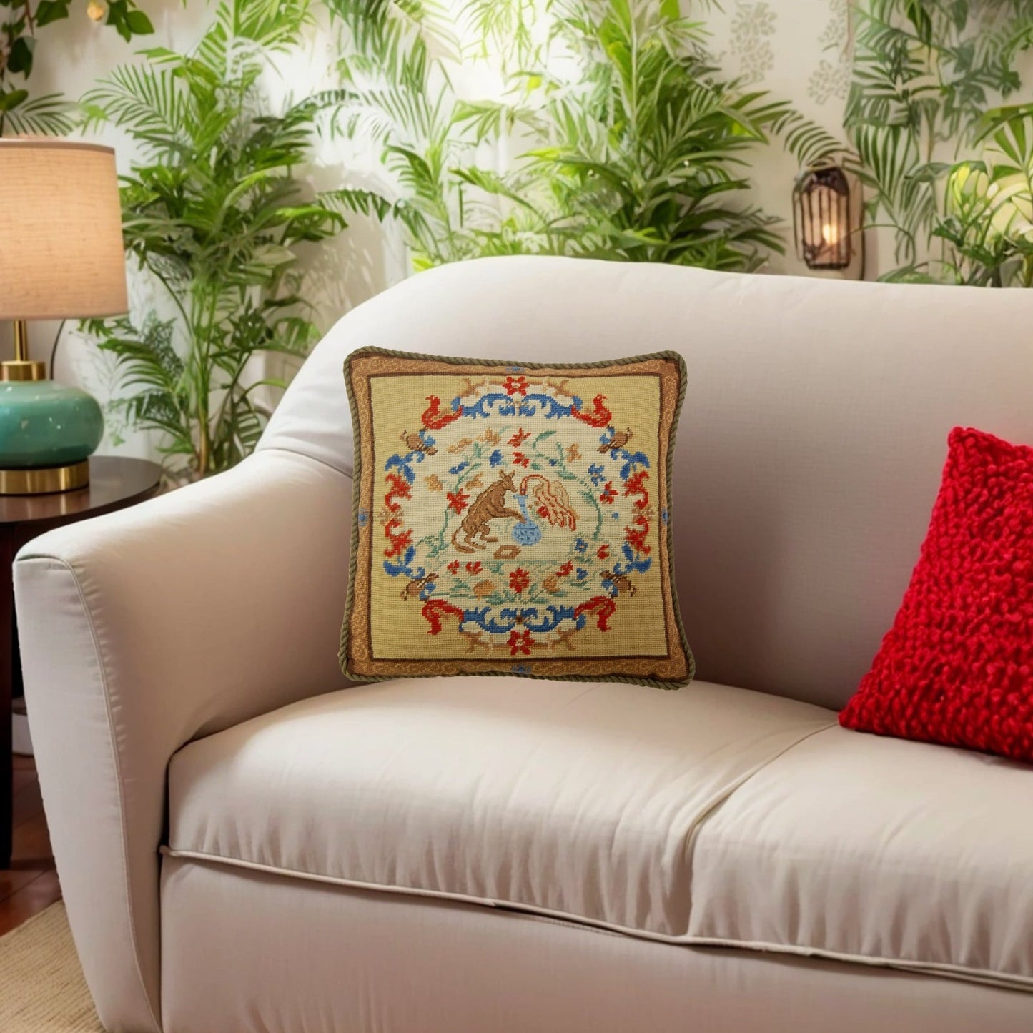 Handmade Wool Needlepoint Pillow Cover - Decorative Throw Cushion Cover - Vintage Floral Embroidery Design  rest with cording