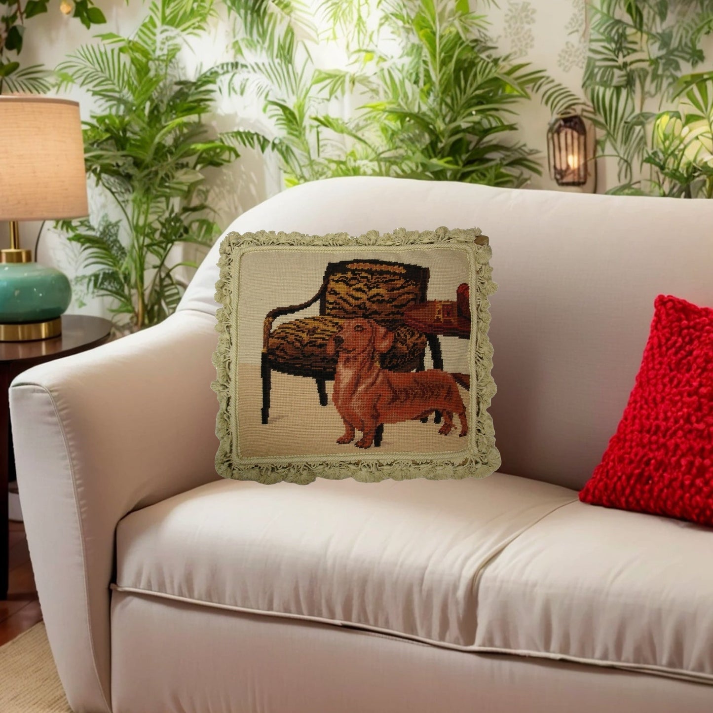 Handmade Wool Needlepoint Pillow Cover - Decorative Throw Cushion Cover - Vintage Floral Embroidery Design Dachshund