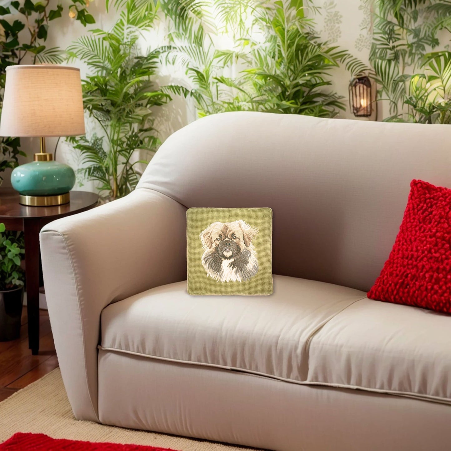 Handmade Wool Needlepoint Pillow Cover - Decorative Throw Cushion Cover - Vintage Floral Embroidery Design  Pekinese