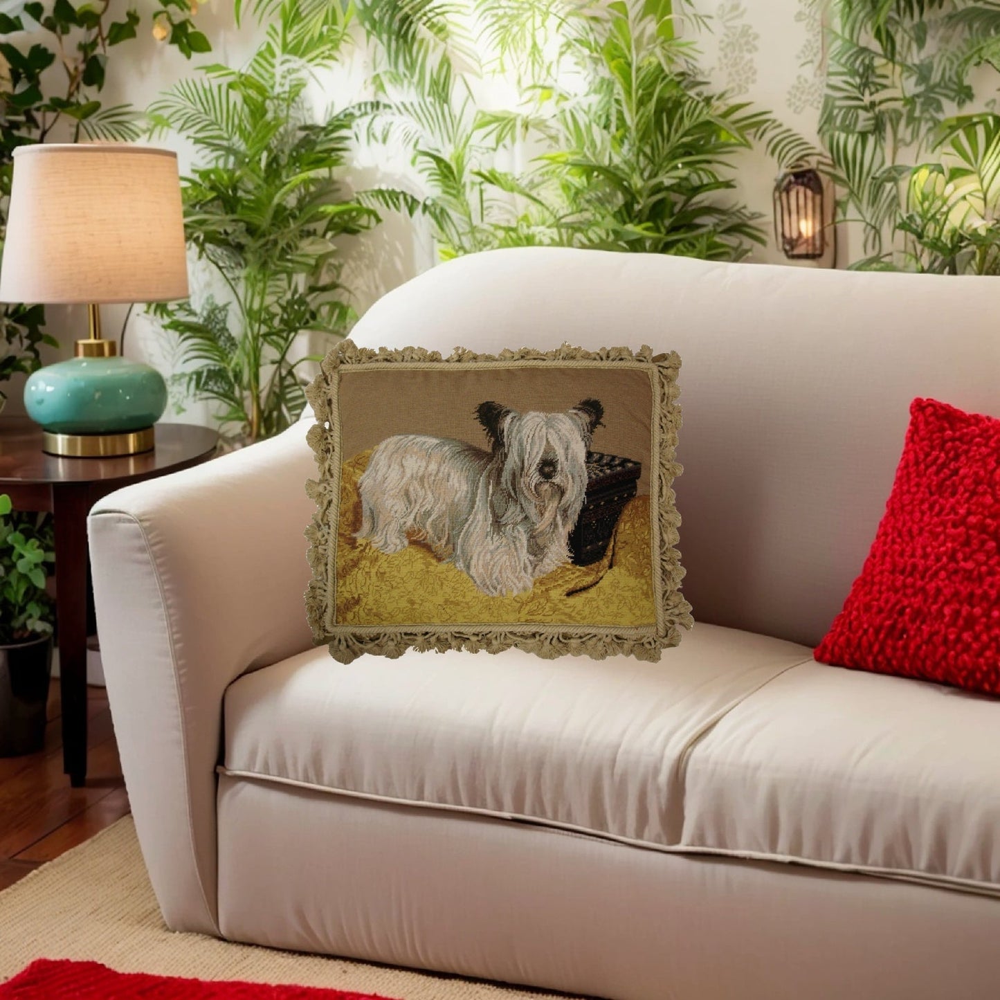 Handmade Wool Needlepoint Pillow Cover - Decorative Throw Cushion Cover - Vintage Floral Embroidery Design  Skye Terie in the yellow rug with nature tassel