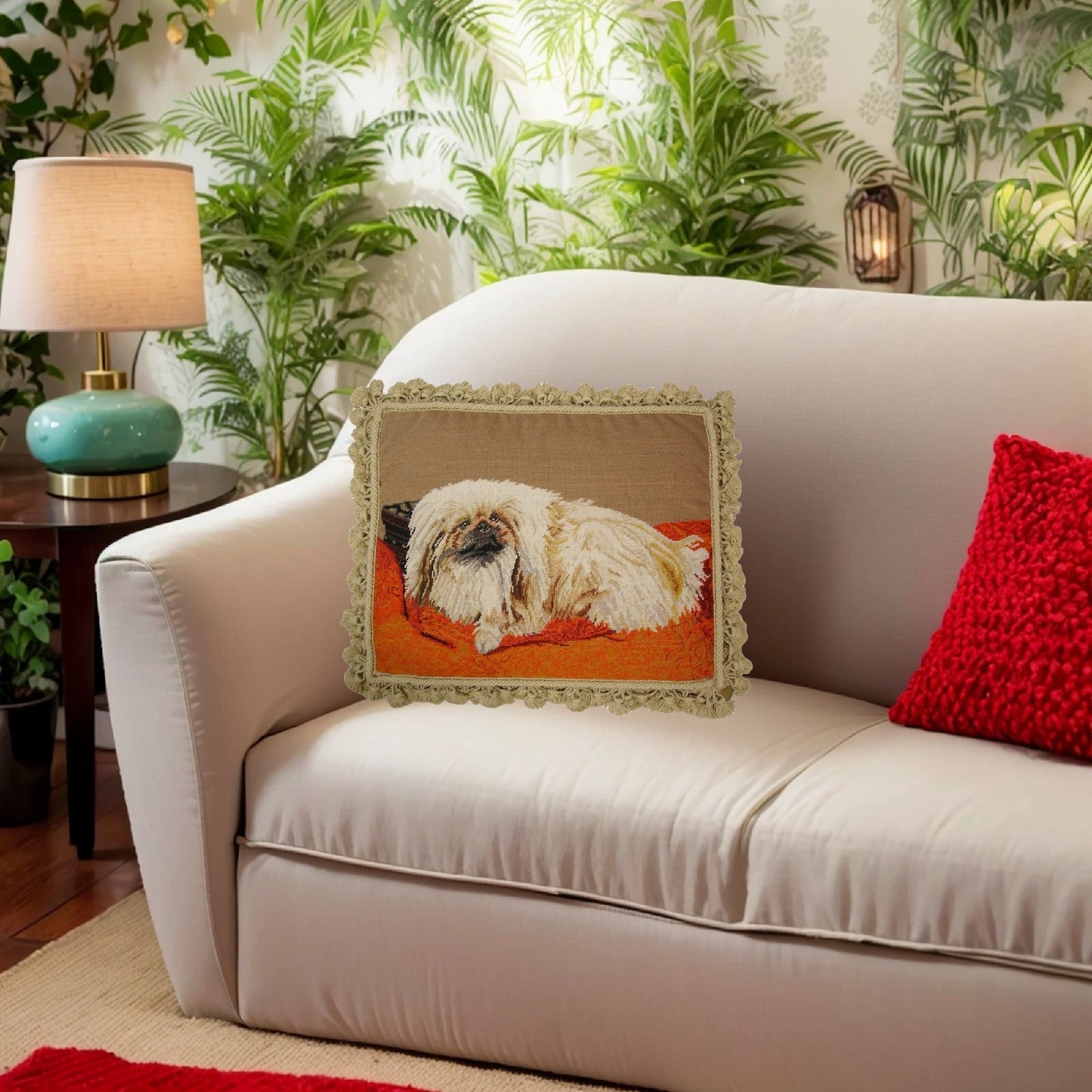 Handmade Wool Needlepoint Pillow Cover - Decorative Throw Cushion Cover - Vintage Floral Embroidery Design  Pekiness in the carol rug with nature tassel