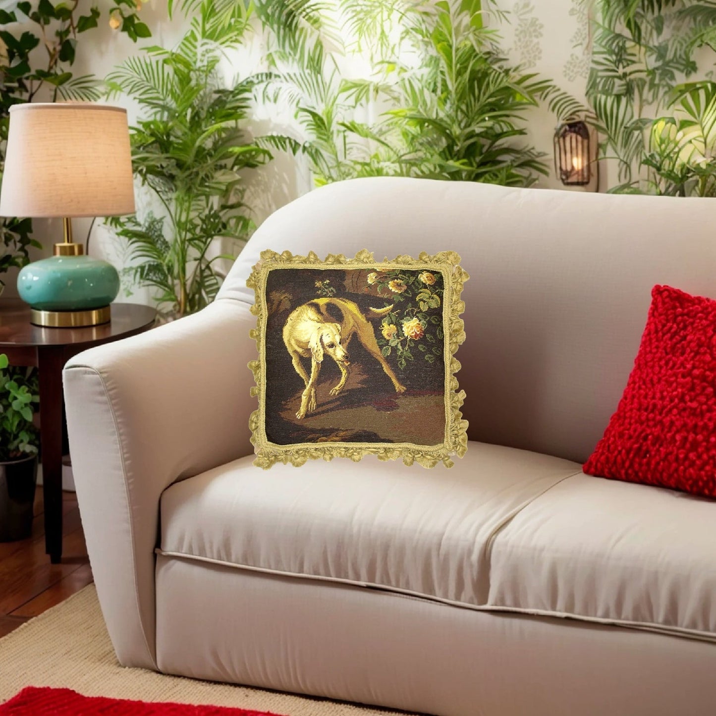 Handmade Wool Needlepoint Pillow Cover - Decorative Throw Cushion Cover - Vintage Floral Embroidery Design  brown hunting yellow rose with gold tassels