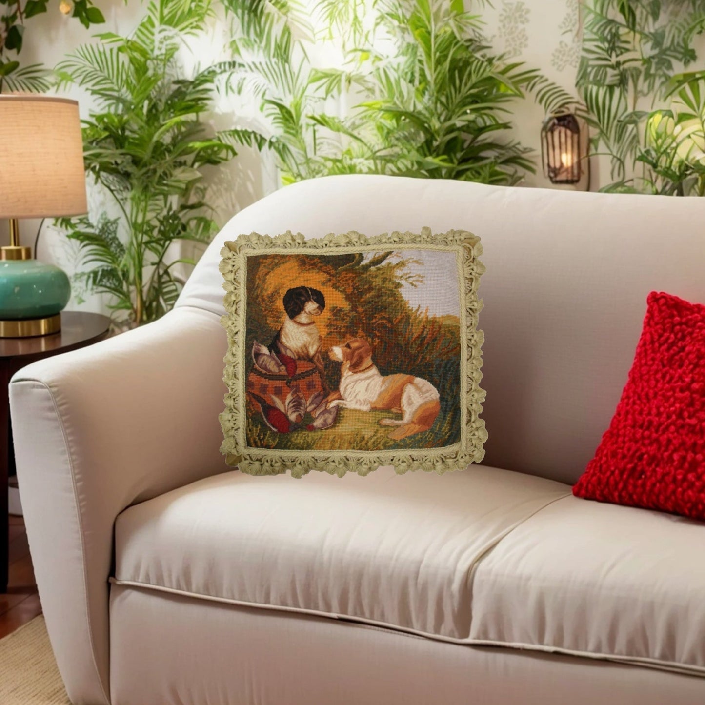 Handmade Wool Needlepoint Pillow Cover - Decorative Throw Cushion Cover - Vintage Floral Embroidery Design hunting dog & bird background with tassels