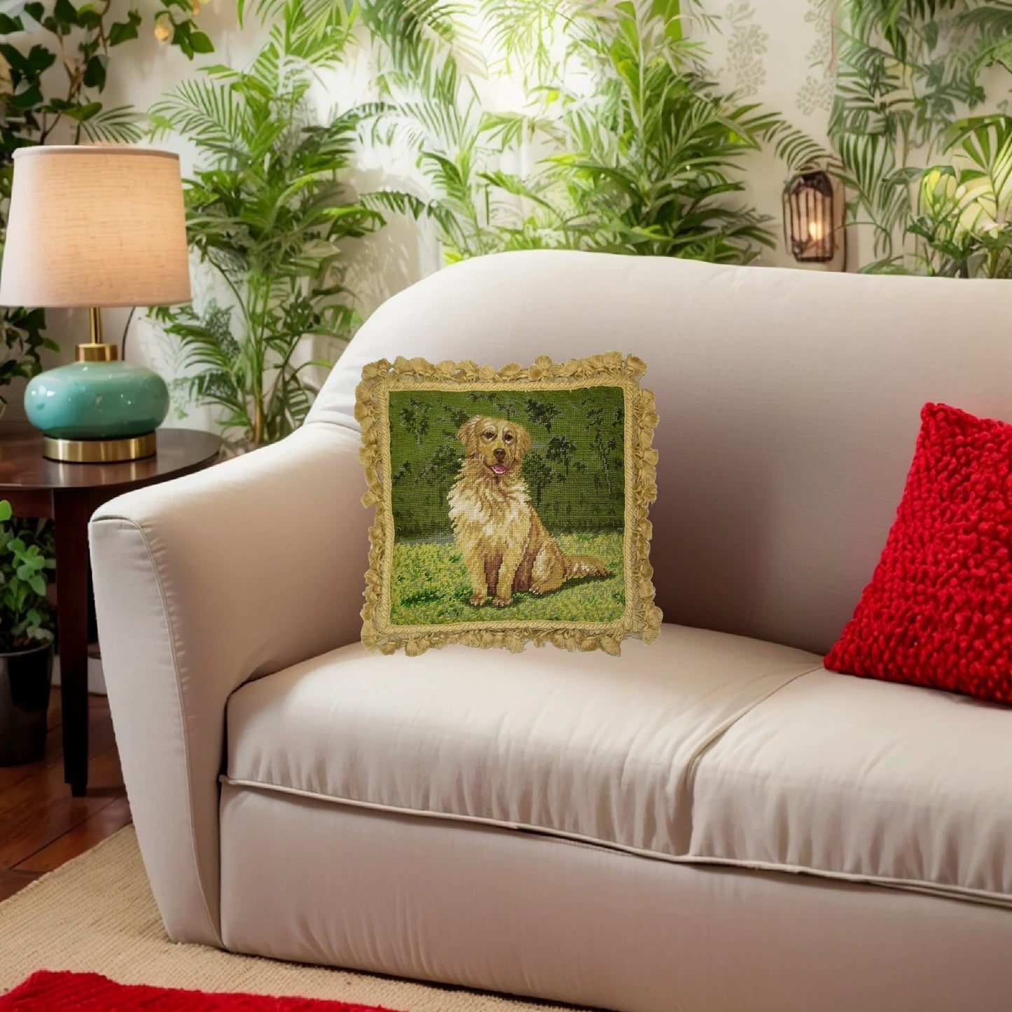 Handmade Wool Needlepoint Pillow Cover - Decorative Throw Cushion Cover - Vintage Floral Embroidery Design Golden Retrieve with tassels