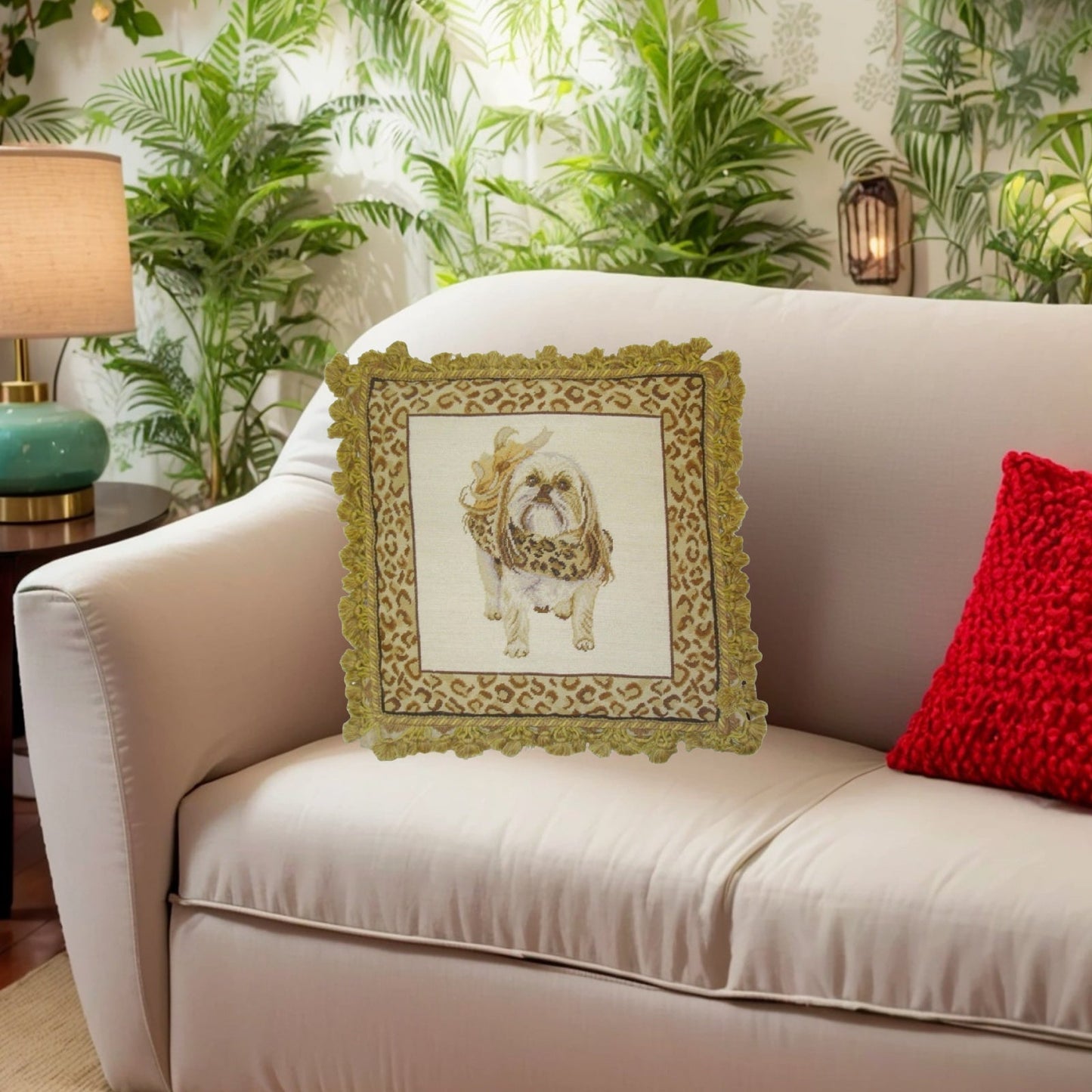 Handmade Wool Needlepoint Pillow Cover - Decorative Throw Cushion Cover - Vintage Floral Embroidery Design  Shih-Tzu ware the animal print scarf with 2 color tassel
