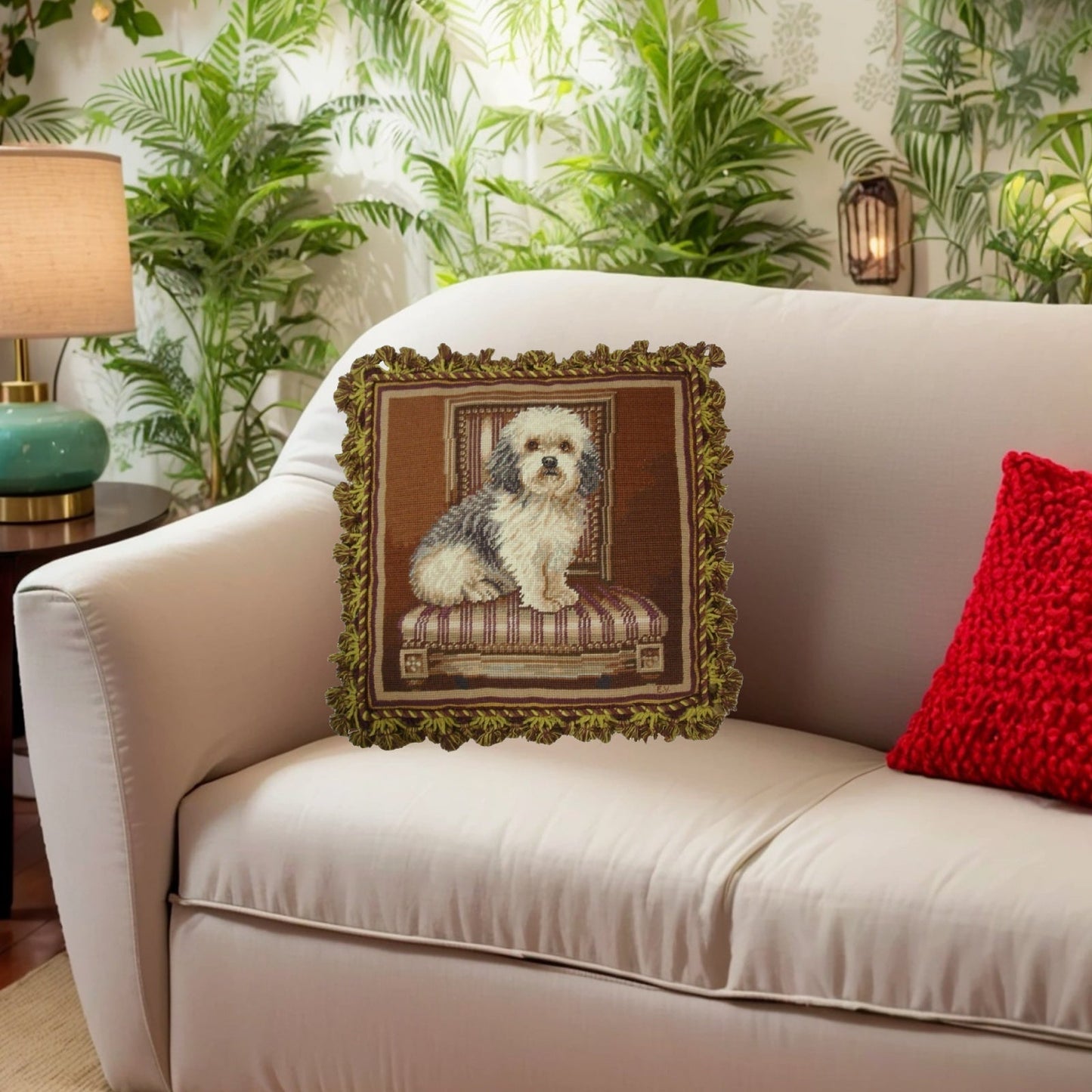 Handmade Wool Needlepoint Pillow Cover - Decorative Throw Cushion Cover - Vintage Floral Embroidery Design Elaine Vollherbst Design Elegant Terrier