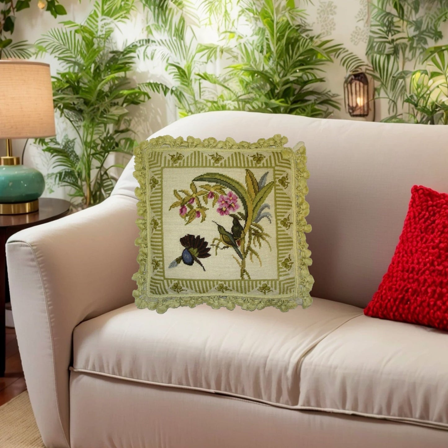Handmade Wool Needlepoint Pillow Cover - Decorative Throw Cushion Cover - Vintage Floral Embroidery Design 3 birds & pink Lily)