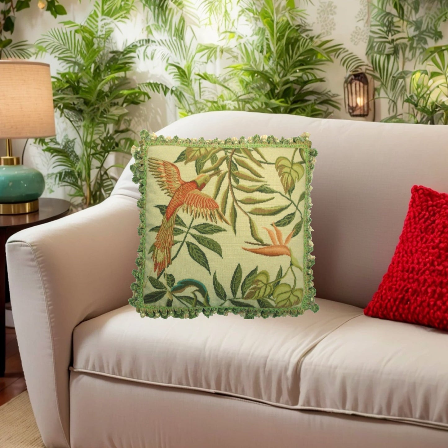 Handmade Wool Needlepoint Pillow Cover - Decorative Throw Cushion Cover - Vintage Floral Embroidery Design  birds of Paradise  with tassel 1