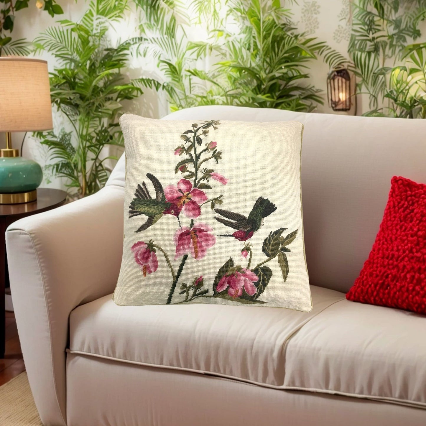 Handmade Wool Needlepoint Pillow Cover - Decorative Throw Cushion Cover - Vintage Floral Embroidery Design 2 humming birds pink flowers