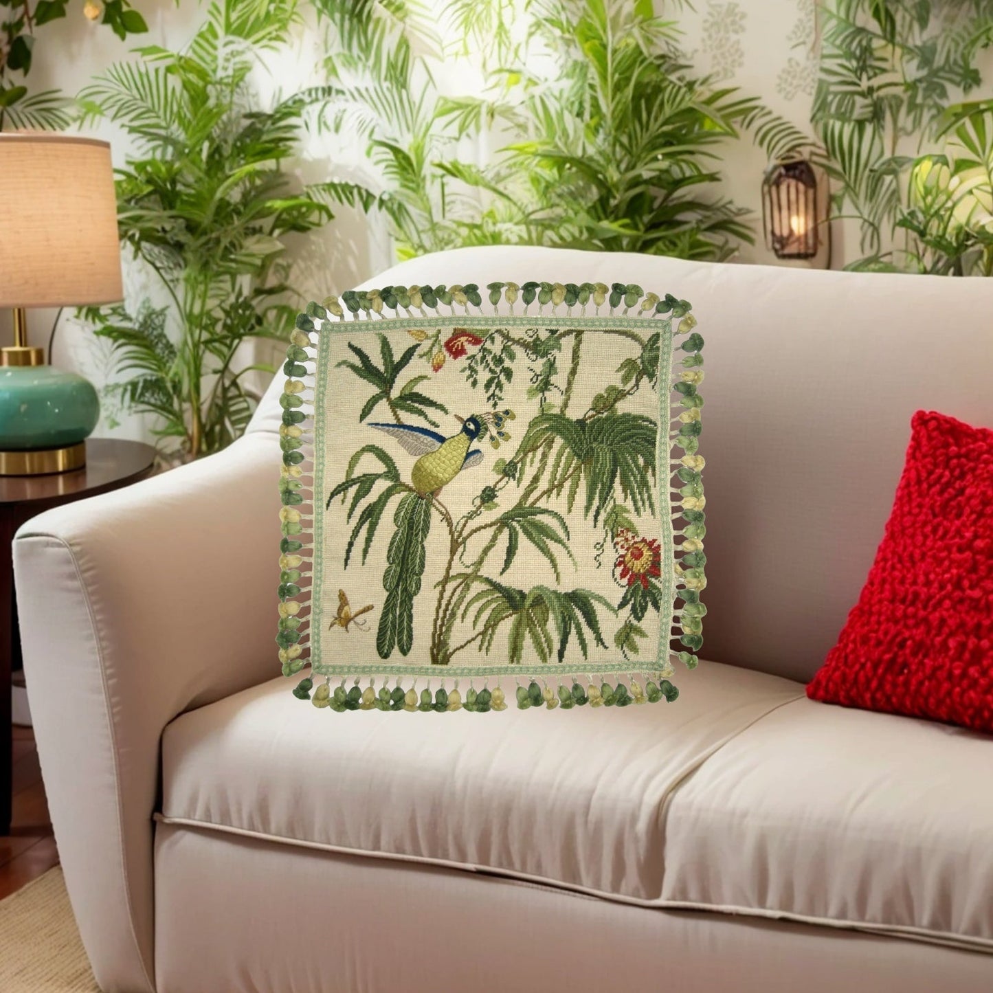 Handmade Wool Needlepoint Pillow Cover - Decorative Throw Cushion Cover - Vintage Floral Embroidery Design  blue phoenix with tassel