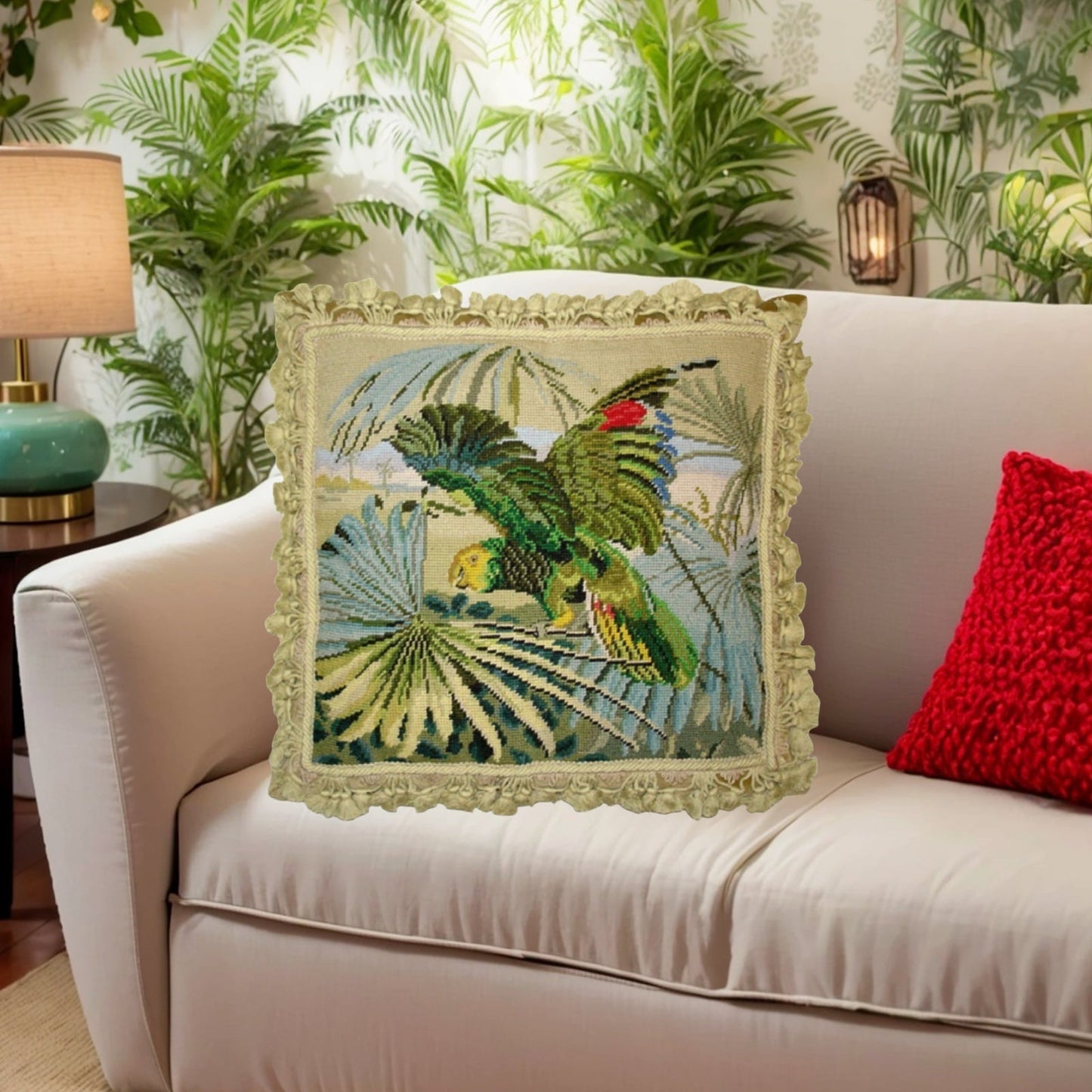 Handmade Wool Needlepoint Pillow Cover - Decorative Throw Cushion Cover - Vintage Floral Embroidery Design one parrot