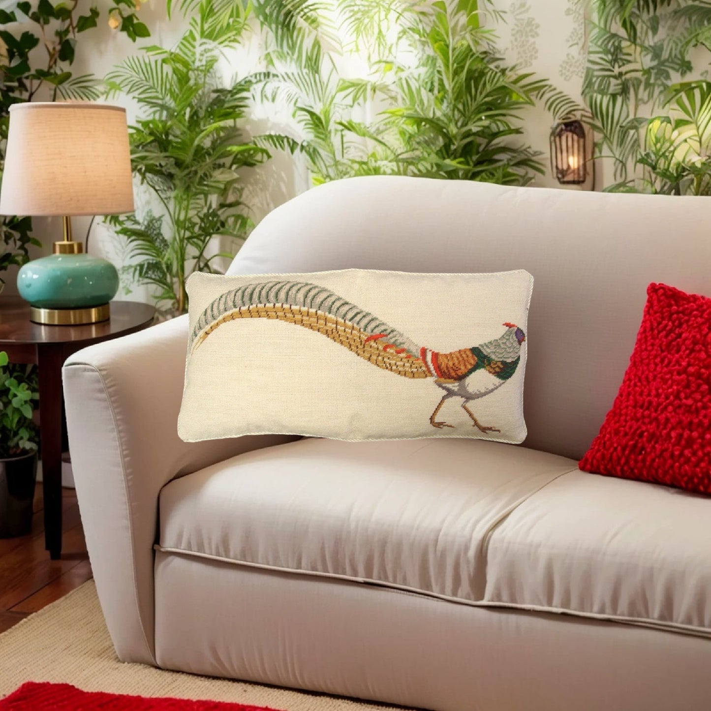 Handmade Wool Needlepoint Pillow Cover - Decorative Throw Cushion Cover - Vintage Floral Embroidery Design pheasant in green/yellow with cording