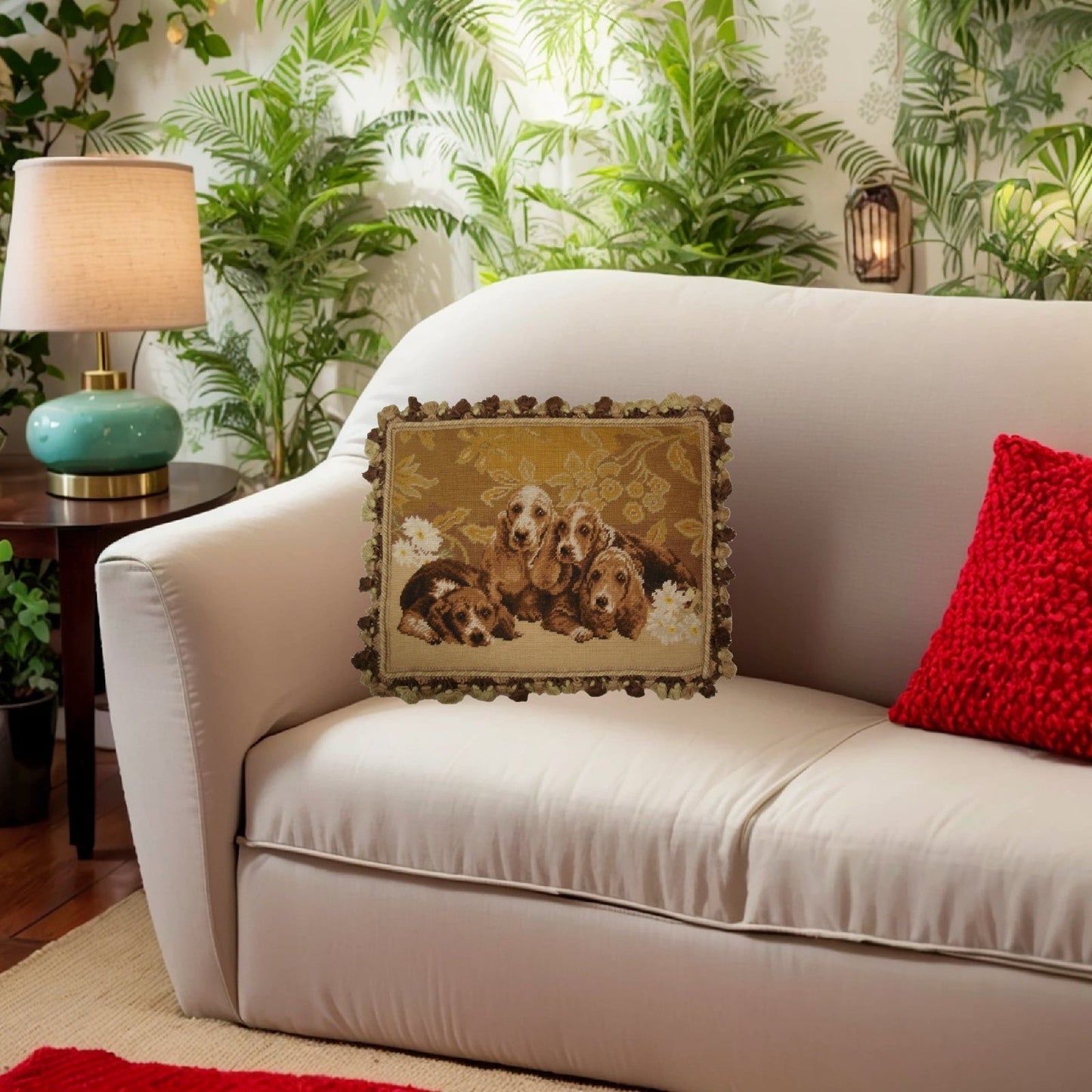 Handmade Wool Needlepoint Pillow Cover - Decorative Throw Cushion Cover - Vintage Floral Embroidery Design 4 Basset Hound  with tassel