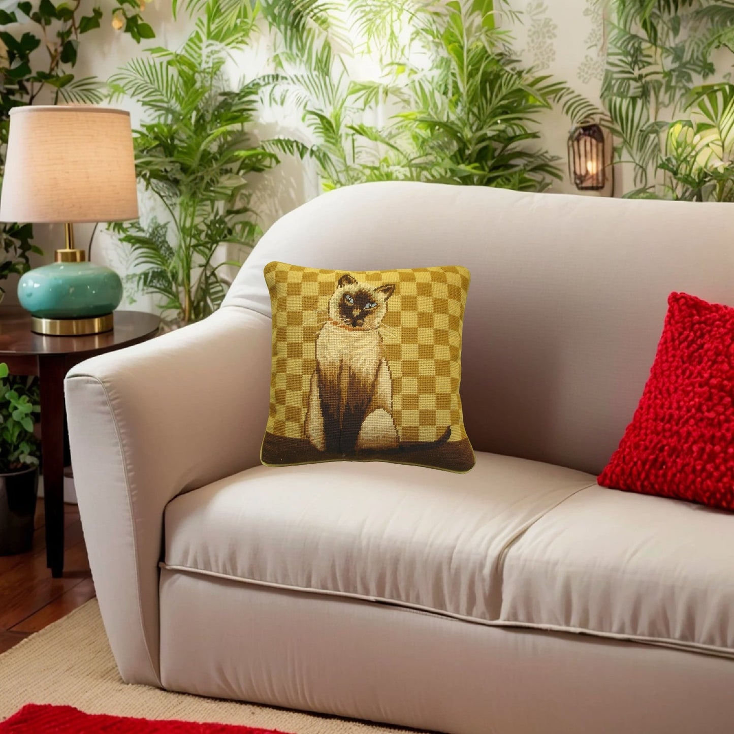 Handmade Wool Needlepoint Pillow Cover - Decorative Throw Cushion Cover - Vintage Floral Embroidery Design with  badge brown cat gold checker