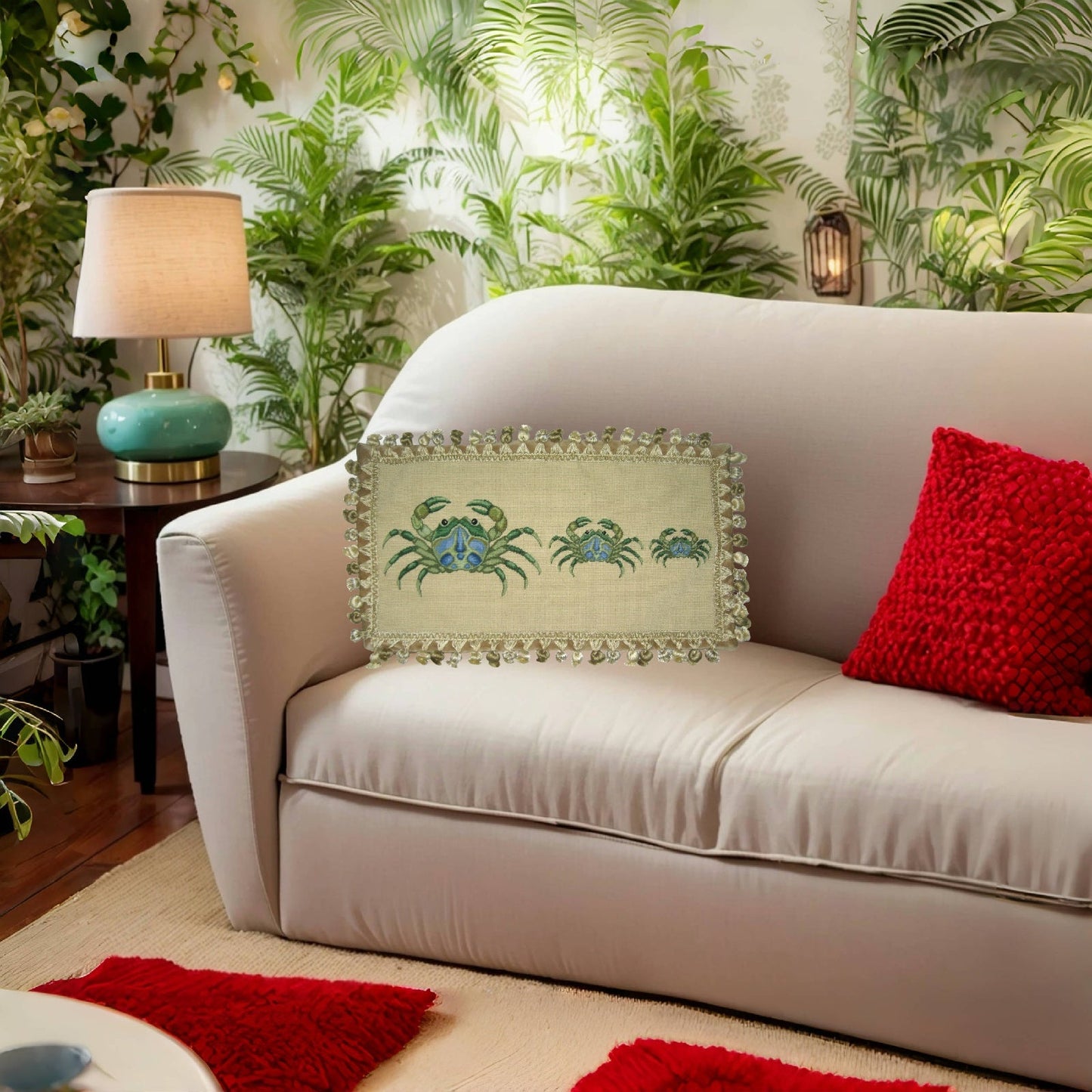 Handmade Wool Needlepoint Pillow Cover - Decorative Throw Cushion Cover - Vintage Floral Embroidery Design 3 green crabs with tassel