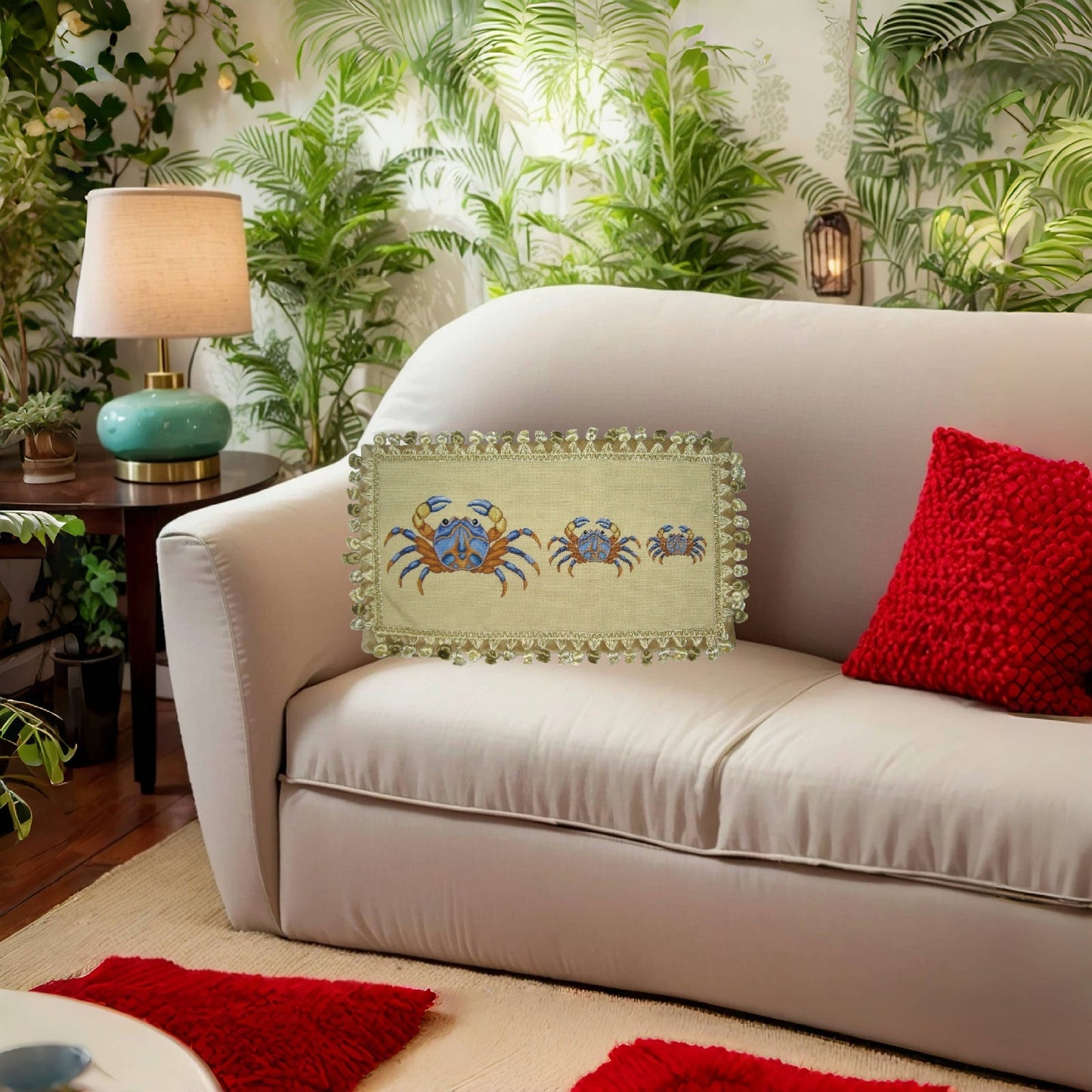 Handmade Wool Needlepoint Pillow Cover - Decorative Throw Cushion Cover - Vintage Floral Embroidery Design 3 blue crabs with tassels