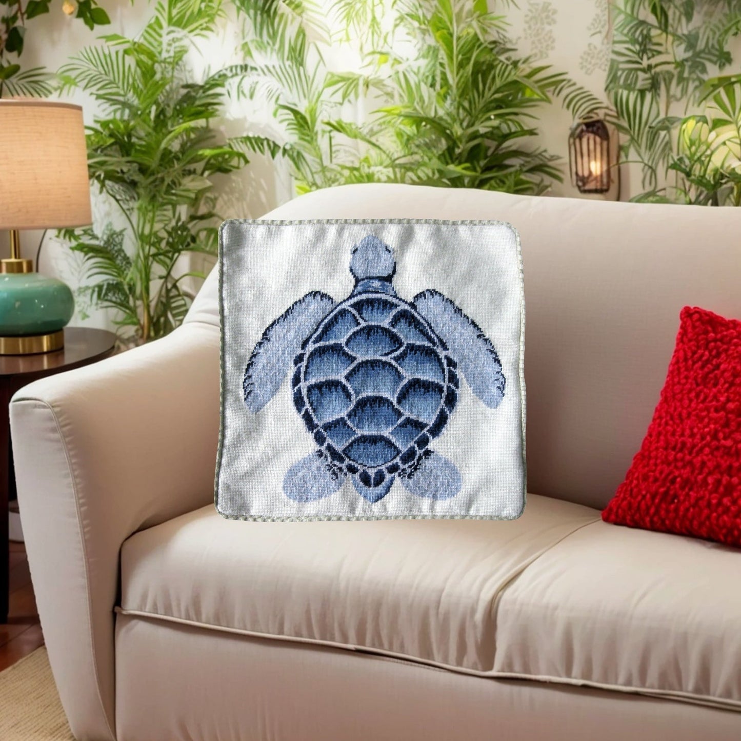 Handmade Wool Needlepoint Pillow Cover - Decorative Throw Cushion Cover - Vintage Floral Embroidery Design light blue sea turtle with cording