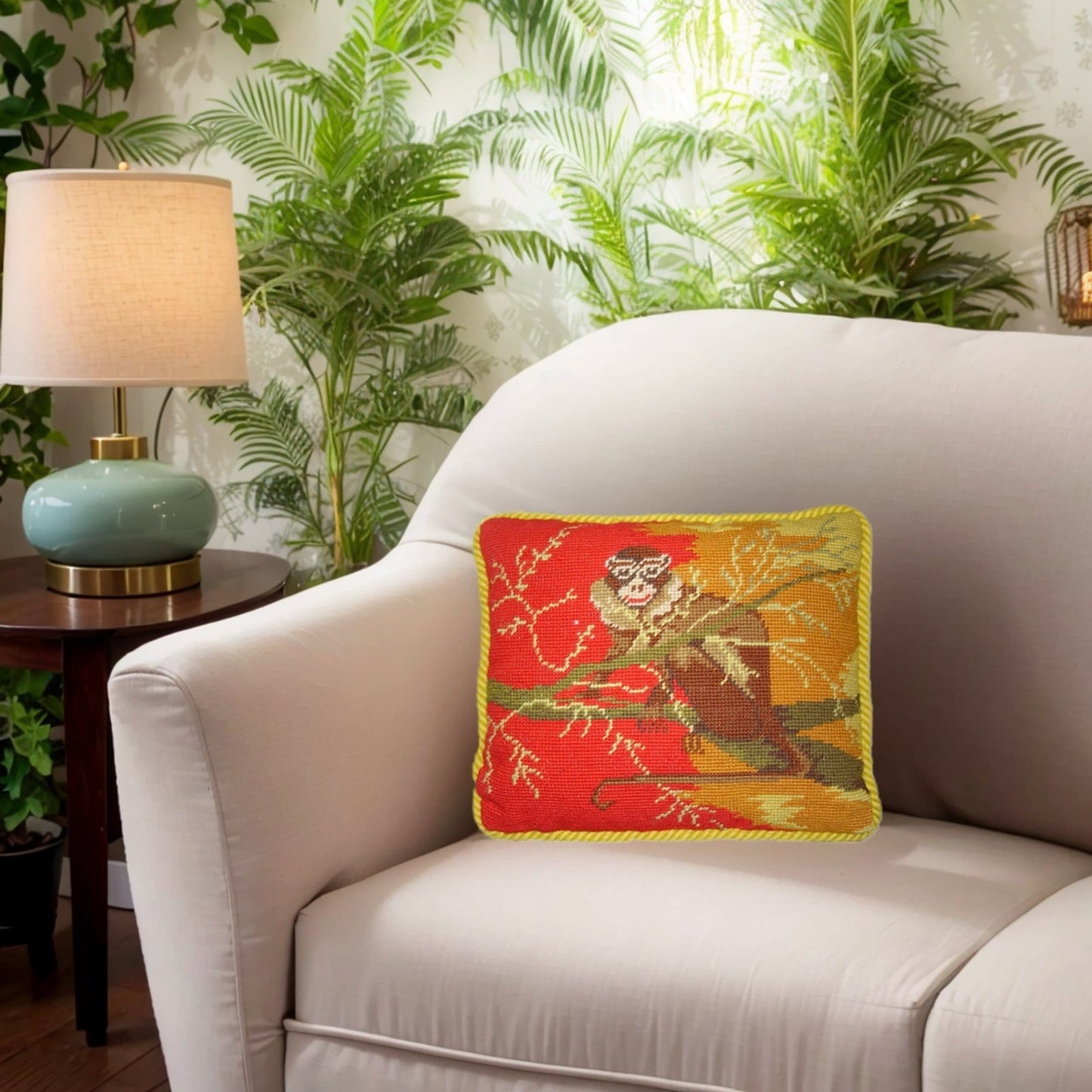 Handmade Wool Needlepoint Pillow Cover - Decorative Throw Cushion Cover - Vintage Floral Embroidery Design Patas on the tree bright background with gold cording