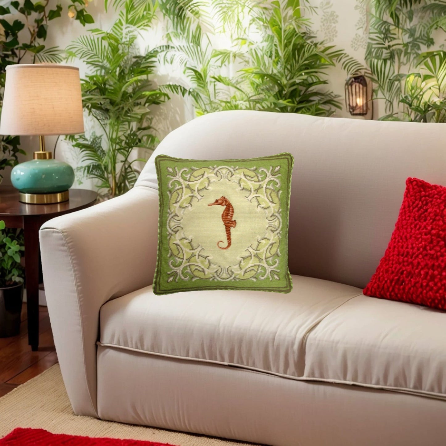 Handmade Wool Needlepoint Pillow Cover - Decorative Throw Cushion Cover - Vintage Floral Embroidery Design seahorse with checker cording