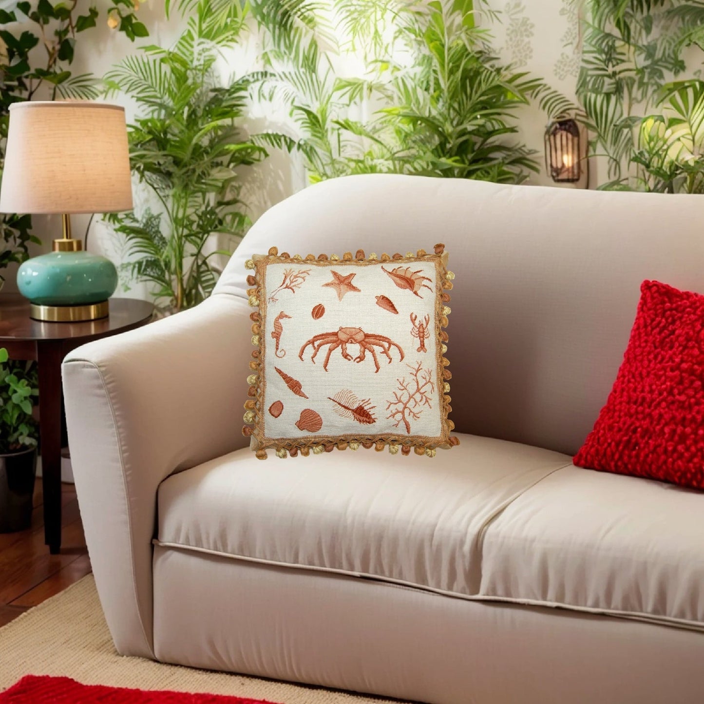 Handmade Wool Needlepoint Pillow Cover - Decorative Throw Cushion Cover - Vintage Floral Embroidery Design Fienst  brown crab with tassels