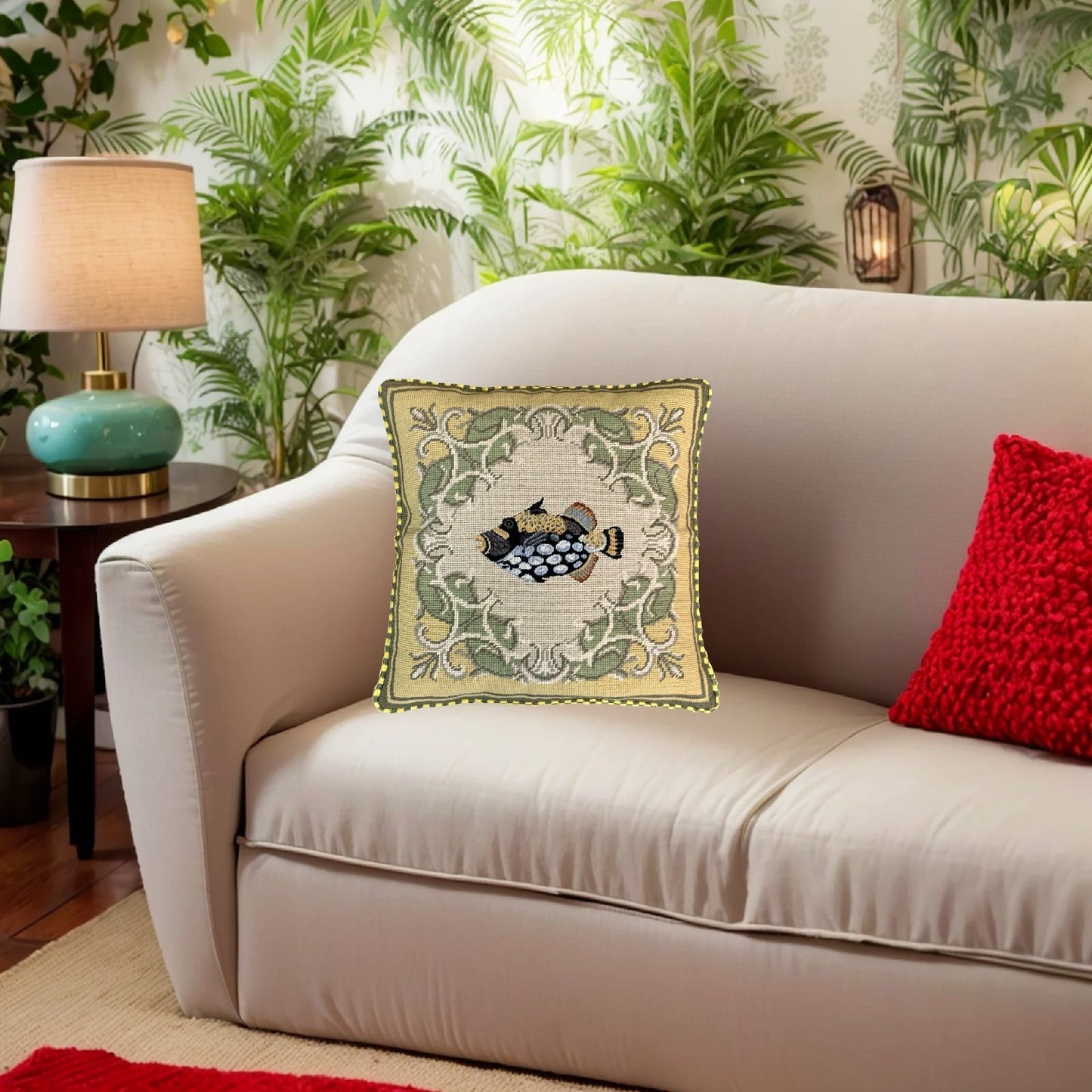 Handmade Wool Needlepoint Pillow Cover - Decorative Throw Cushion Cover - Vintage Floral Embroidery Design tropical fish-marbled grouper yellow frame checker cording
