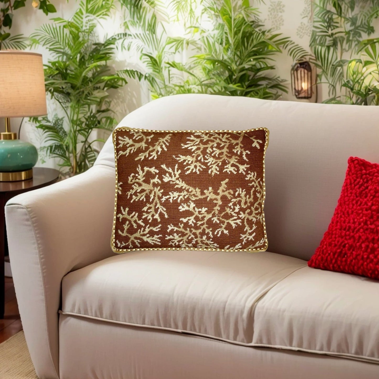 Handmade Wool Needlepoint Pillow Cover - Decorative Throw Cushion Cover - Vintage Floral Embroidery Design ivory coral brown background with cording 1