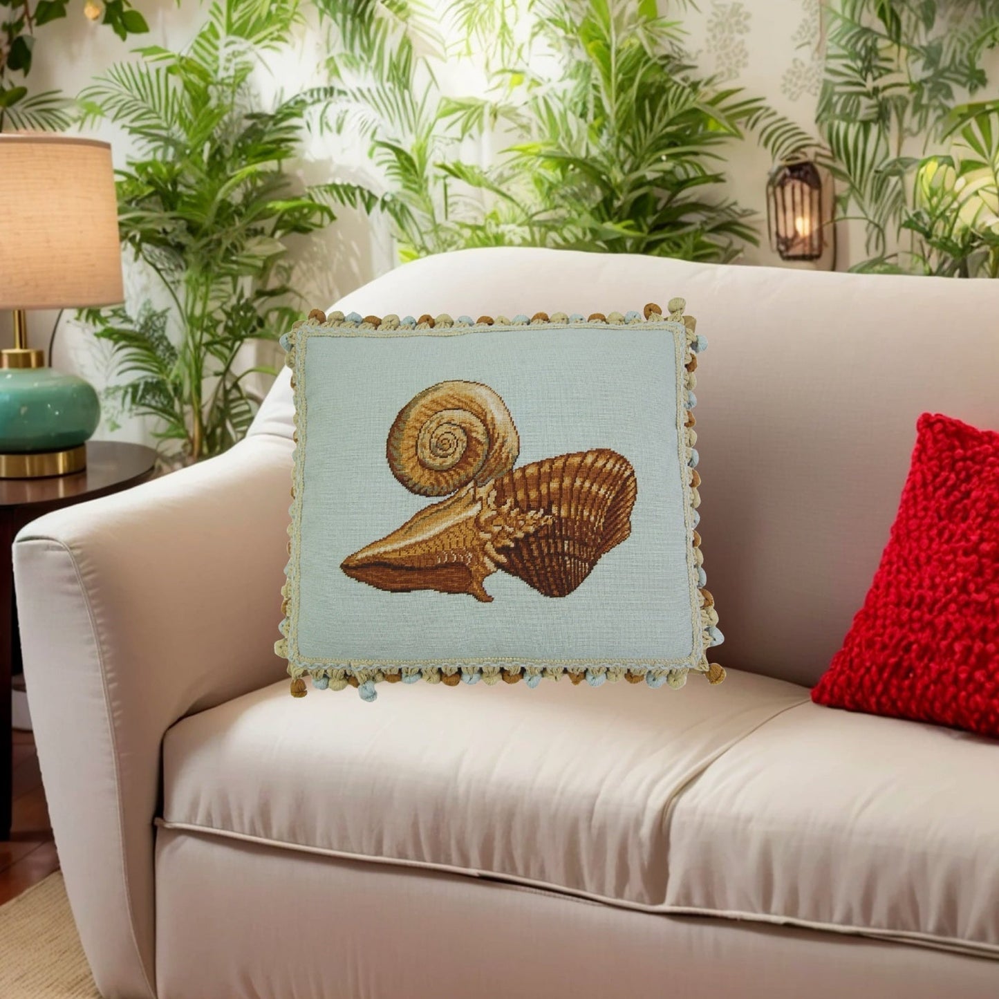 Handmade Wool Needlepoint Pillow Cover - Decorative Throw Cushion Cover - Vintage Floral Embroidery Design  blue background fan shell and other sea shells with tassels