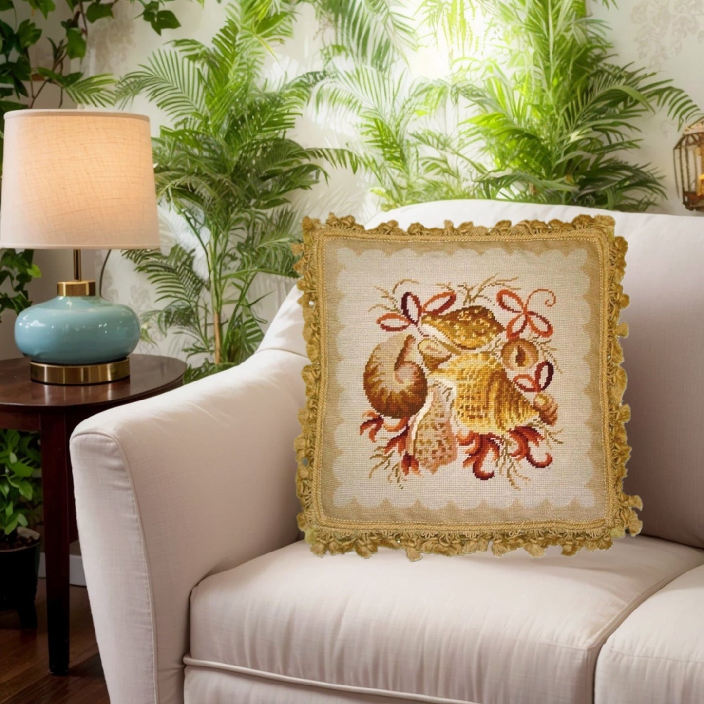 Handmade Wool Needlepoint Pillow Cover - Decorative Throw Cushion Cover - Vintage Floral Embroidery Design All shell with bowtie, dark bage tassels