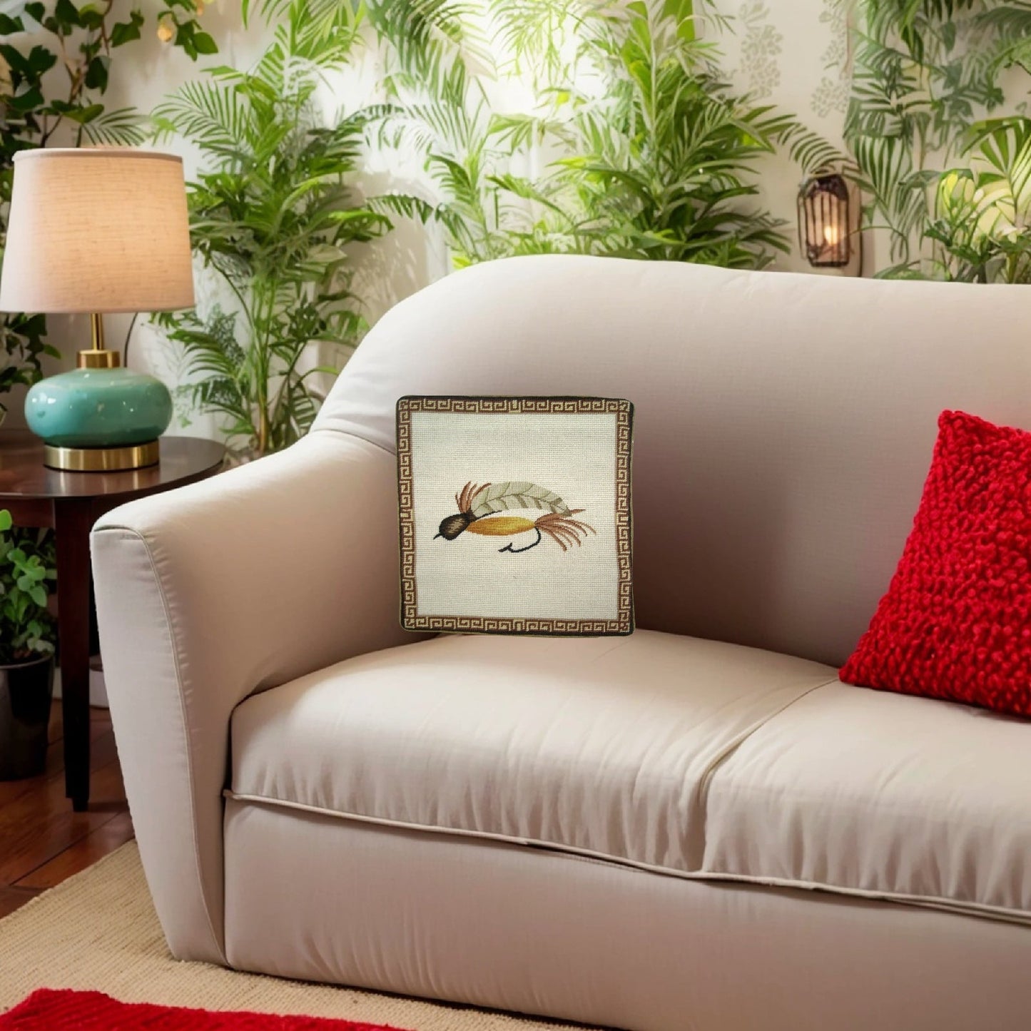 Handmade Wool Needlepoint Pillow Cover - Decorative Throw Cushion Cover - Vintage Floral Embroidery Design Fienst  white feather fish-hook