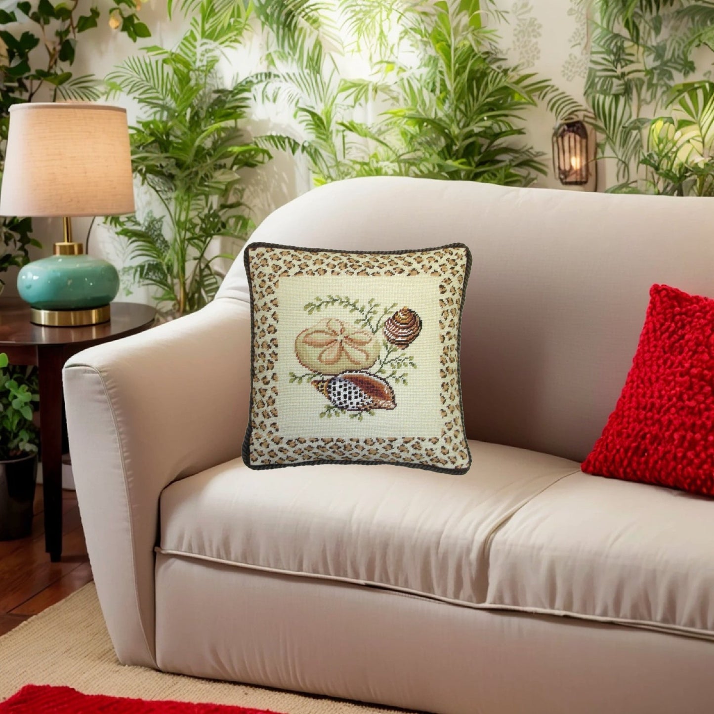 Handmade Wool Needlepoint Pillow Cover - Decorative Throw Cushion Cover - Vintage Floral Embroidery Design light & flat sea shell with brown tassel