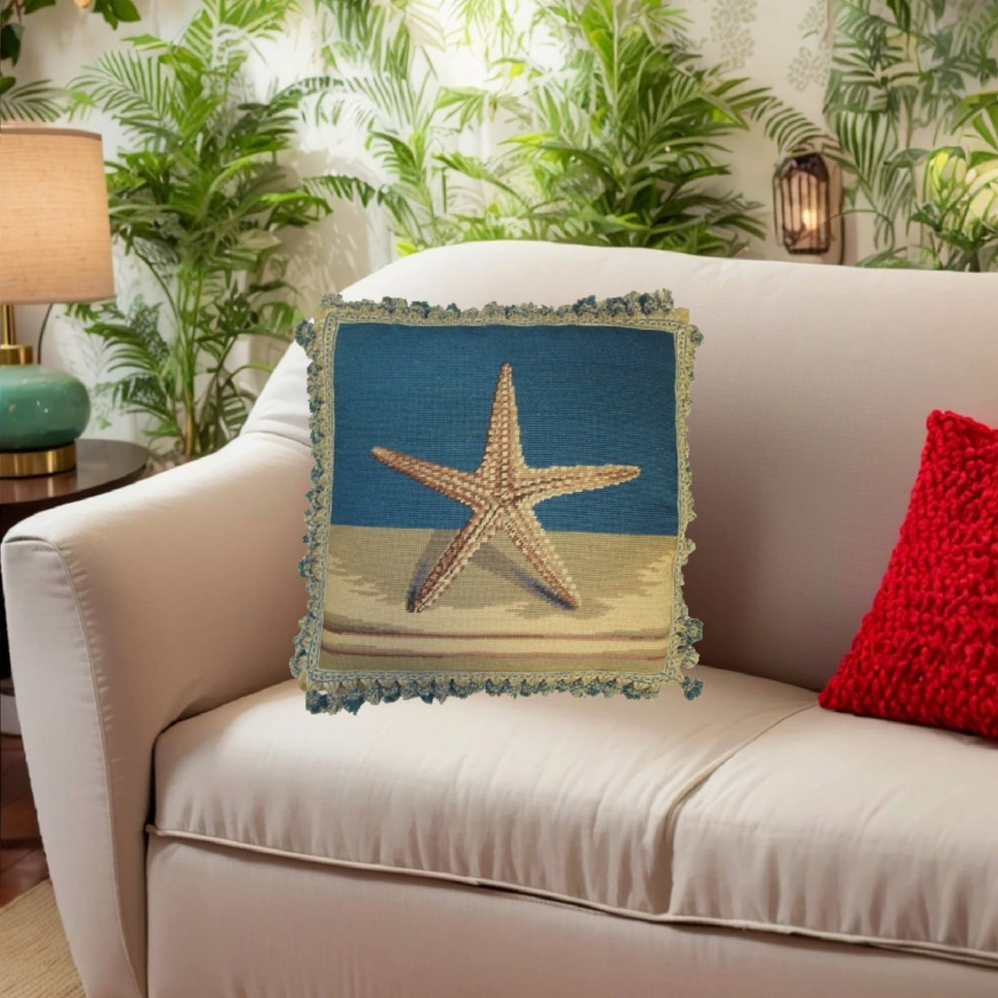 Handmade Wool Needlepoint Pillow Cover - Decorative Throw Cushion Cover - Vintage Floral Embroidery Design sea star with 2 color tassel