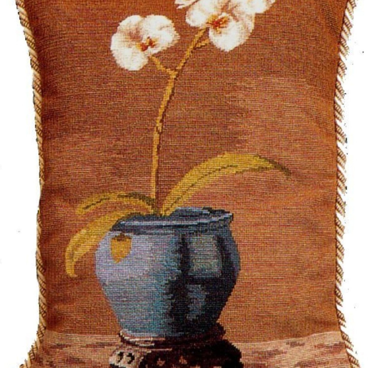 Handmade Wool Needlepoint Pillow Cover - Decorative Throw Cushion Cover - Vintage Floral Embroidery Design  white orchard in blue pot with 2 color cording