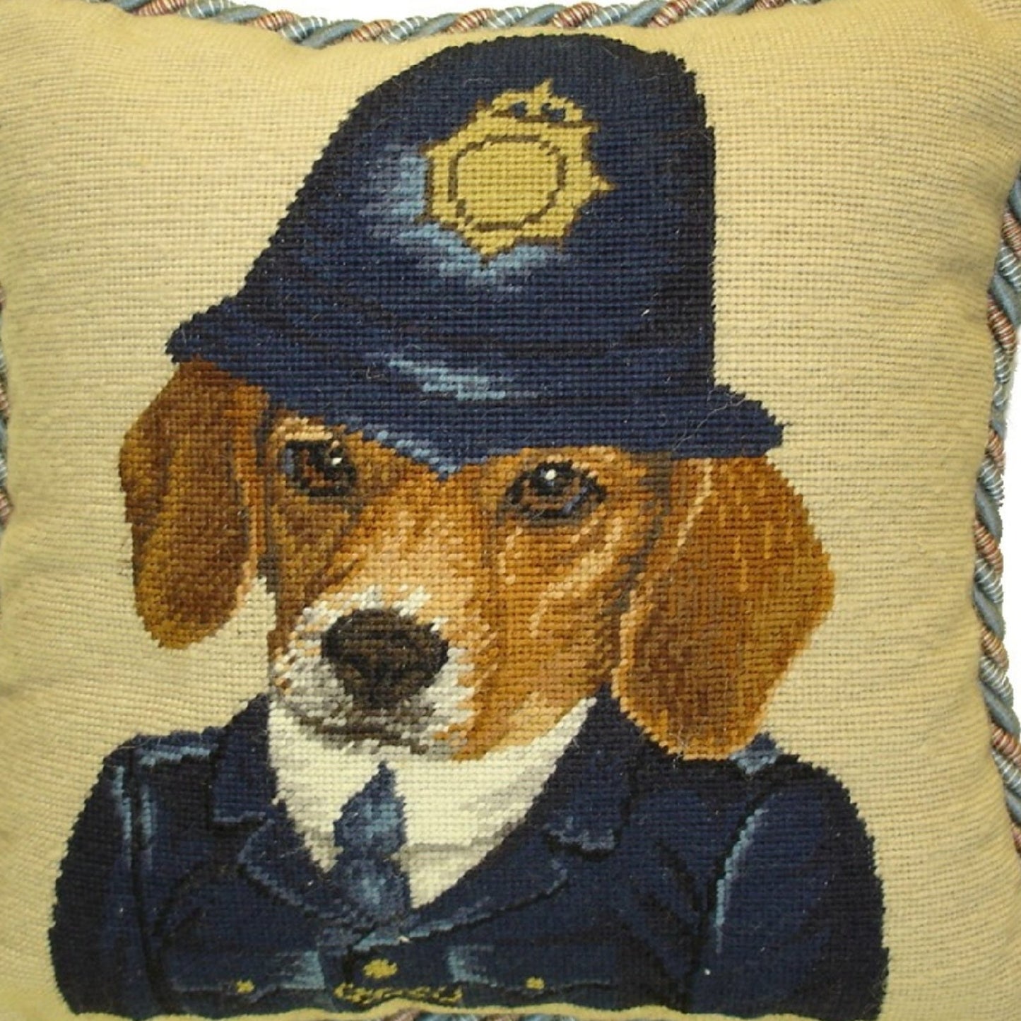 Handmade Wool Needlepoint Pillow Cover - Decorative Throw Cushion Cover - Vintage Floral Embroidery Design  Bobby Beagle with 2 color cording