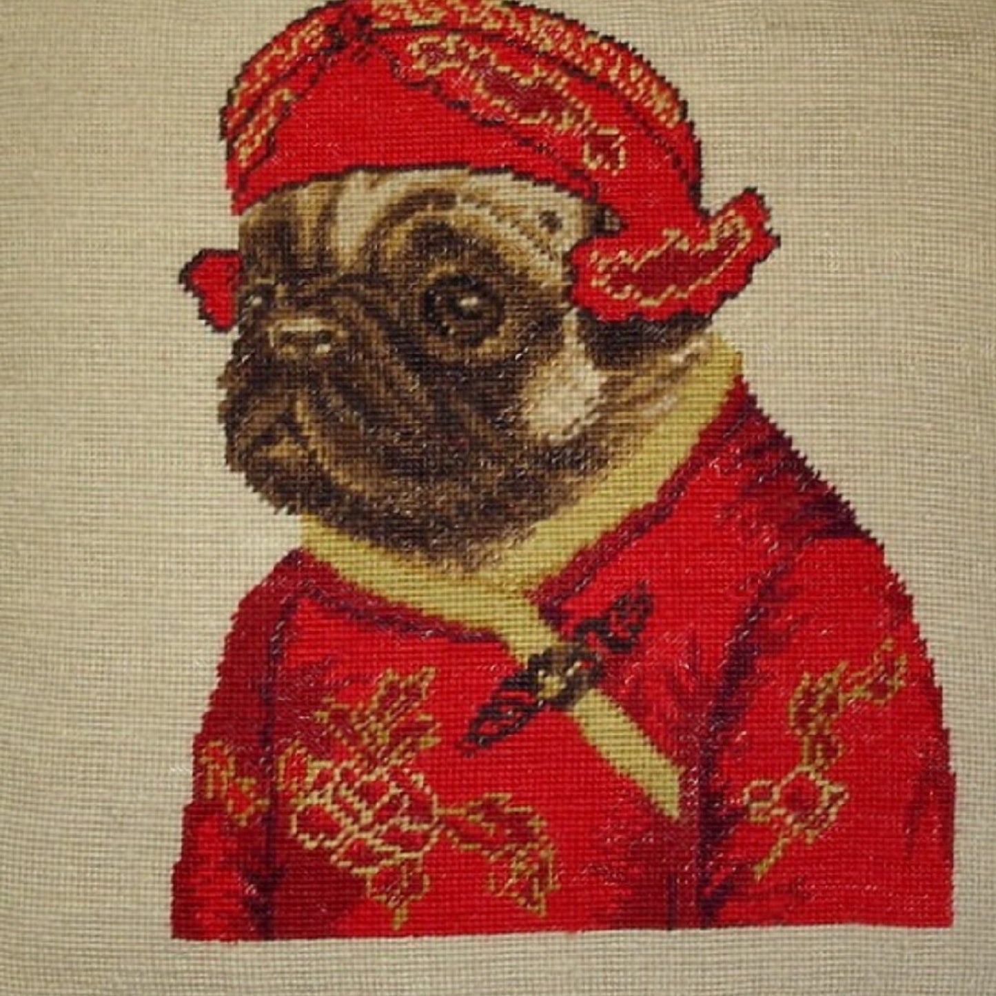 Handmade Wool Needlepoint Pillow Cover - Decorative Throw Cushion Cover - Vintage Floral Embroidery Design  pug boy in red jacket ware hat with 3 color cording