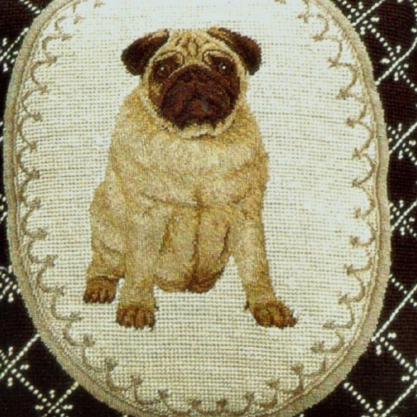 Handmade Wool Needlepoint Pillow Cover - Decorative Throw Cushion Cover - Vintage Floral Embroidery Design Pettiepoint Pug in black frame