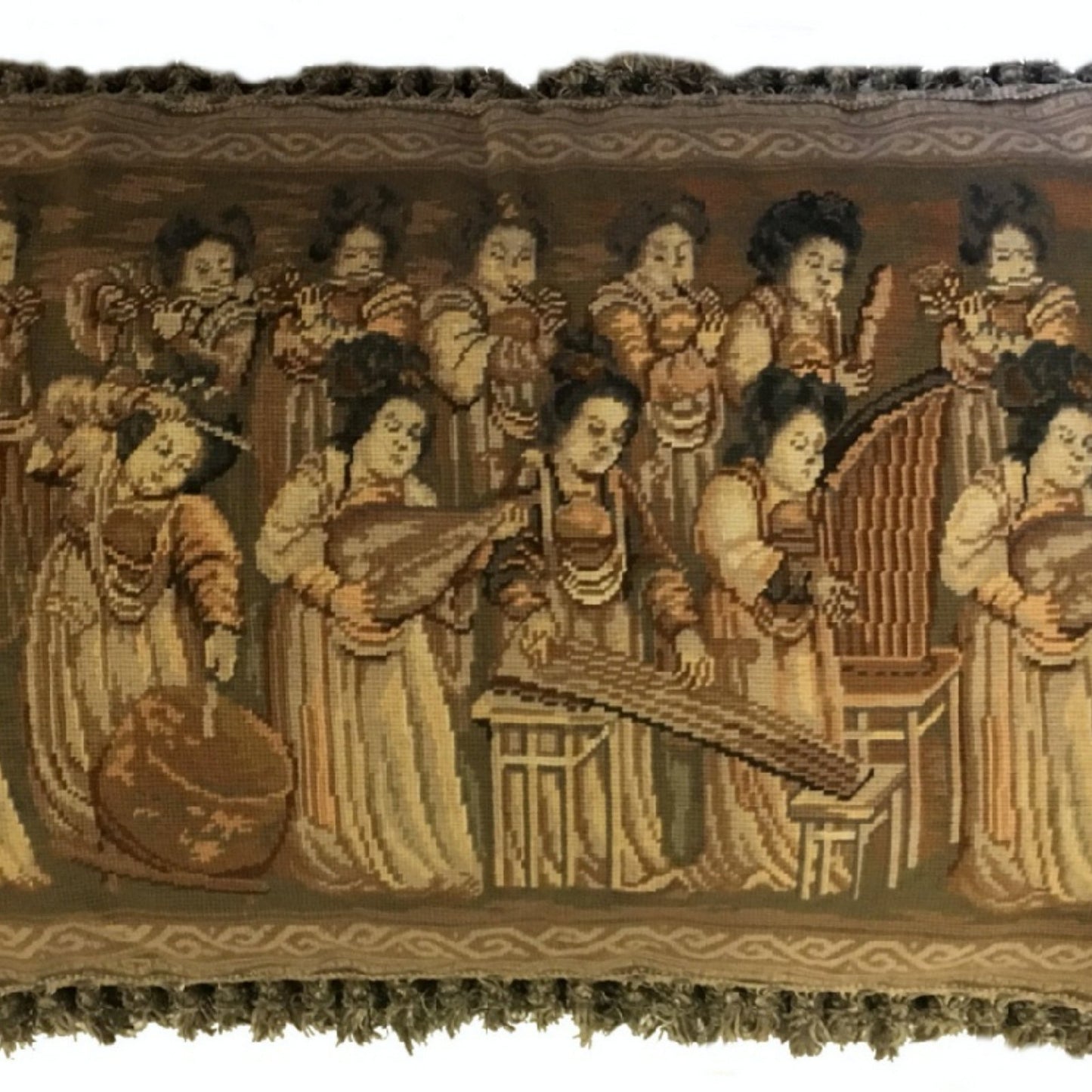 Handmade Wool Needlepoint Pillow Cover - Decorative Throw Cushion Cover - Vintage Floral Embroidery Design musician ladies from China old silk road painting with tassels 1