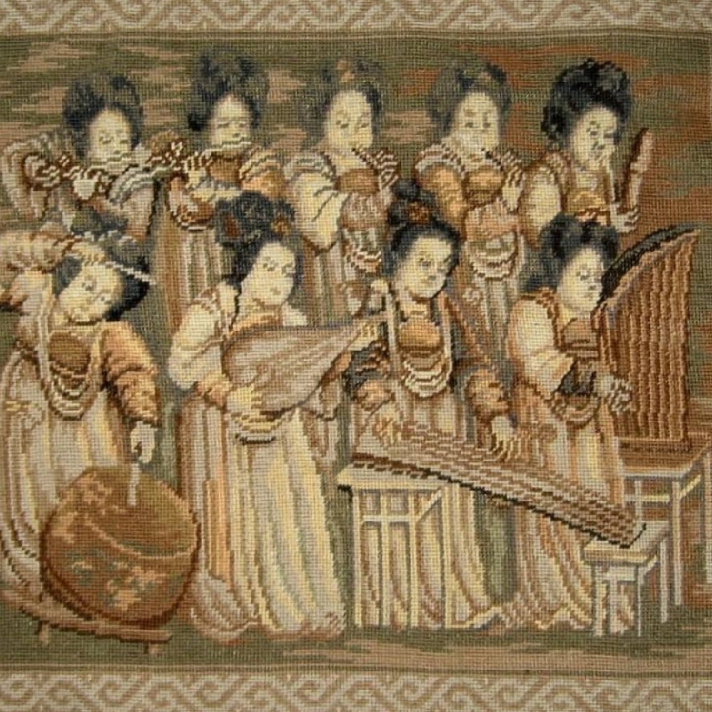 Handmade Wool Needlepoint Pillow Cover - Decorative Throw Cushion Cover - Vintage Floral Embroidery Design musician ladies from China old silk road painting with tassels