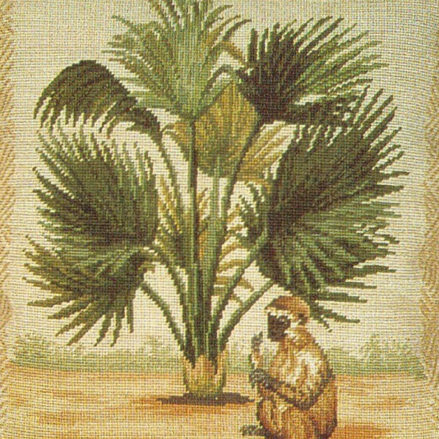 Handmade Wool Needlepoint Pillow Cover - Decorative Throw Cushion Cover - Vintage Floral Embroidery Design 5  long tail monkey & palm tree waved frame