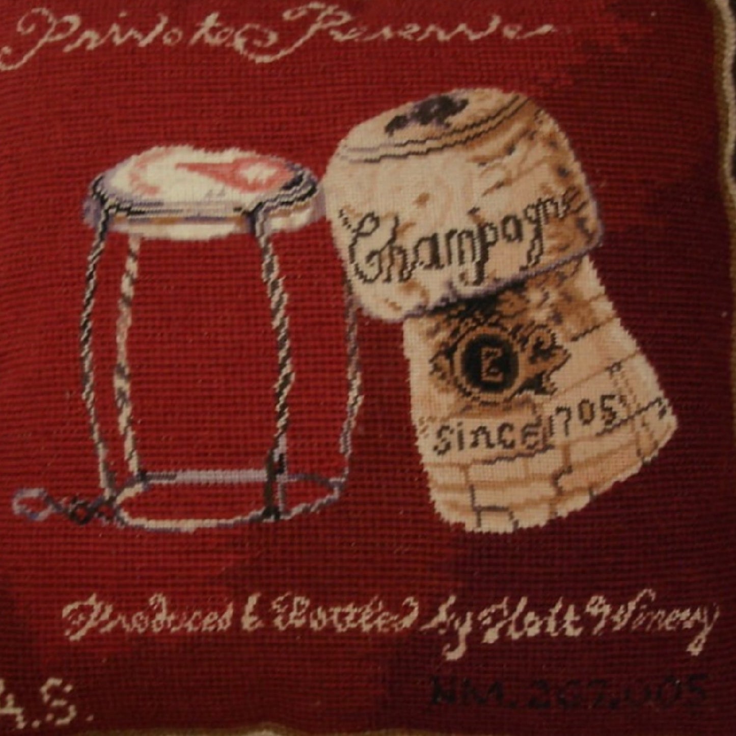 Handmade Wool Needlepoint Pillow Cover - Decorative Throw Cushion Cover - Vintage Floral Embroidery Design cork & wire red back Angela Staehling designPrivate Reserve with cording