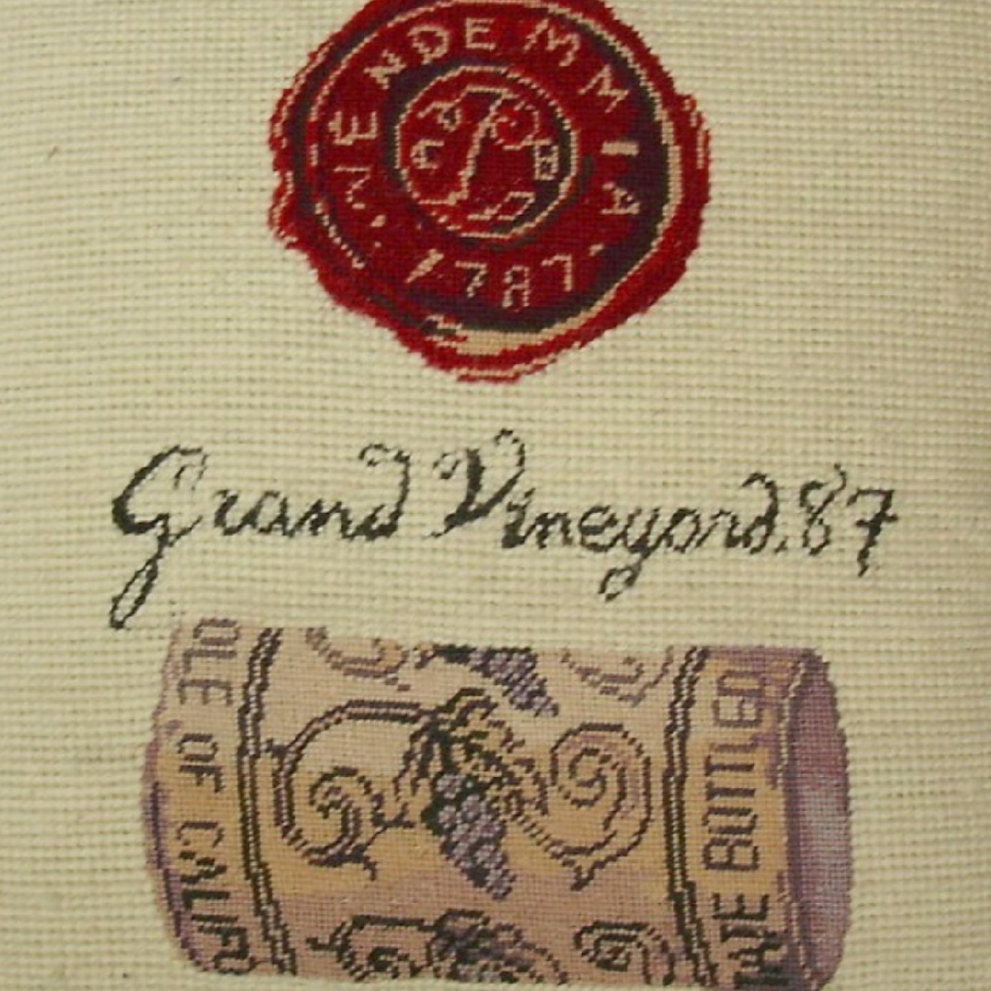 Handmade Wool Needlepoint Pillow Cover - Decorative Throw Cushion Cover - Vintage Floral Embroidery Design cork & seal back Angela Staehling designGrand Vineyard with cording