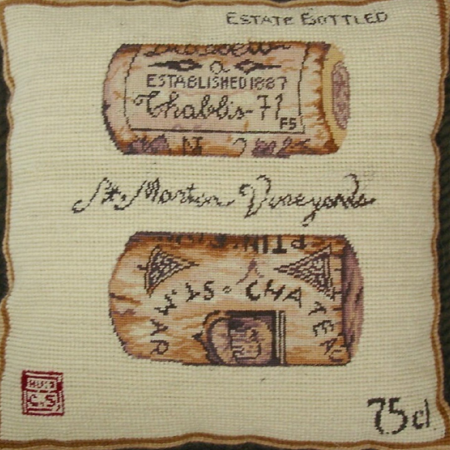 Handmade Wool Needlepoint Pillow Cover - Decorative Throw Cushion Cover - Vintage Floral Embroidery Design corks back Angela Staehling designSt Martin Vineyards with cording