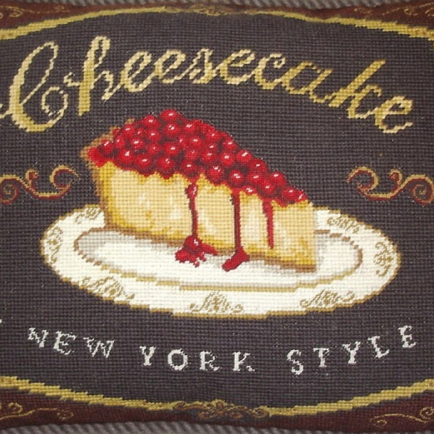 Handmade Wool Needlepoint Pillow Cover - Decorative Throw Cushion Cover - Vintage Floral Embroidery Design  cheesecake with brown cording