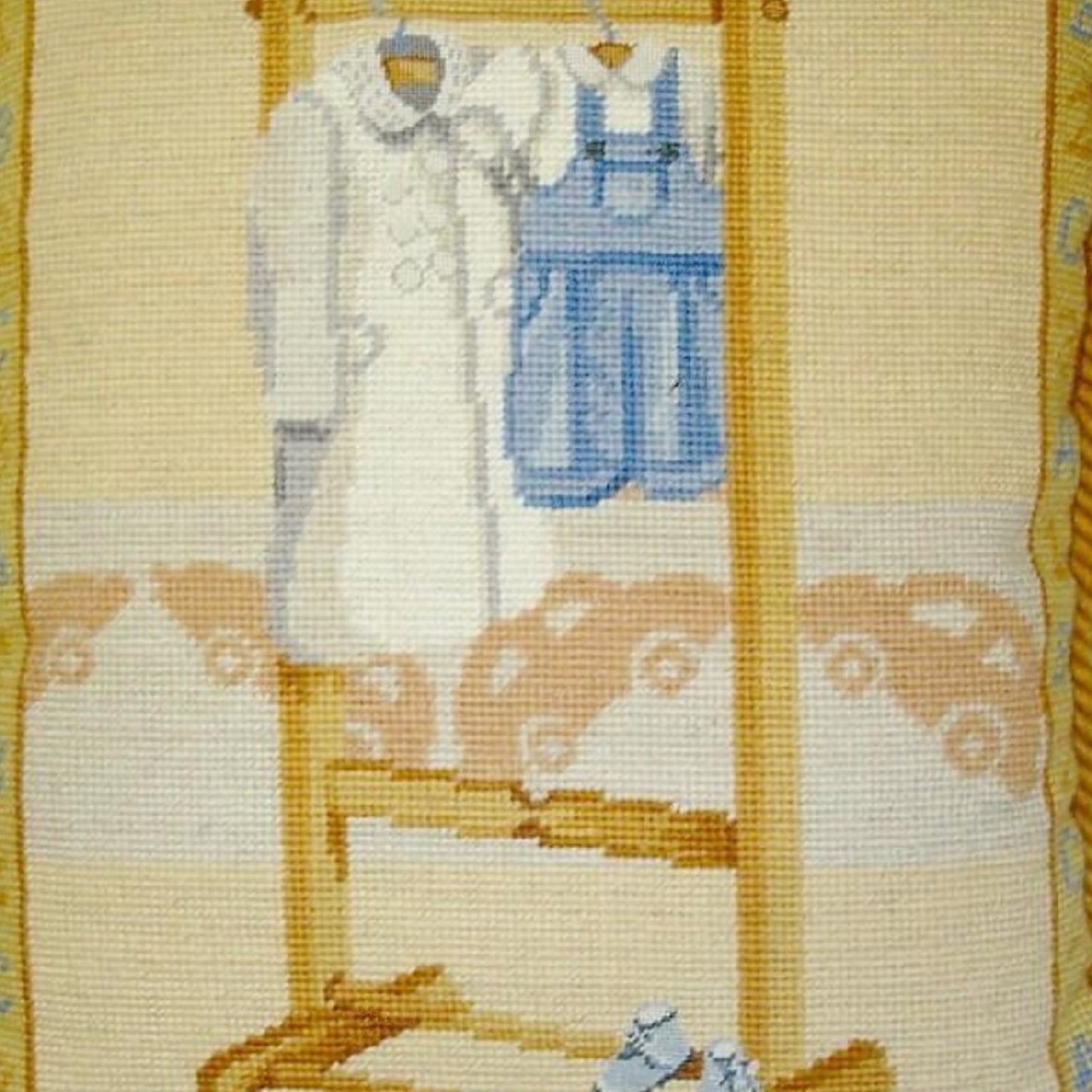 Handmade Wool Needlepoint Pillow Cover - Decorative Throw Cushion Cover - Vintage Floral Embroidery Design blue suit with gold cording