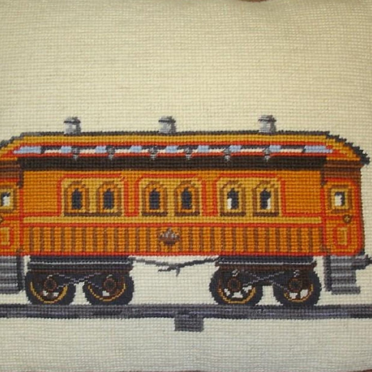 Handmade Wool Needlepoint Pillow Cover - Decorative Throw Cushion Cover - Vintage Floral Embroidery Design  train with brown cording