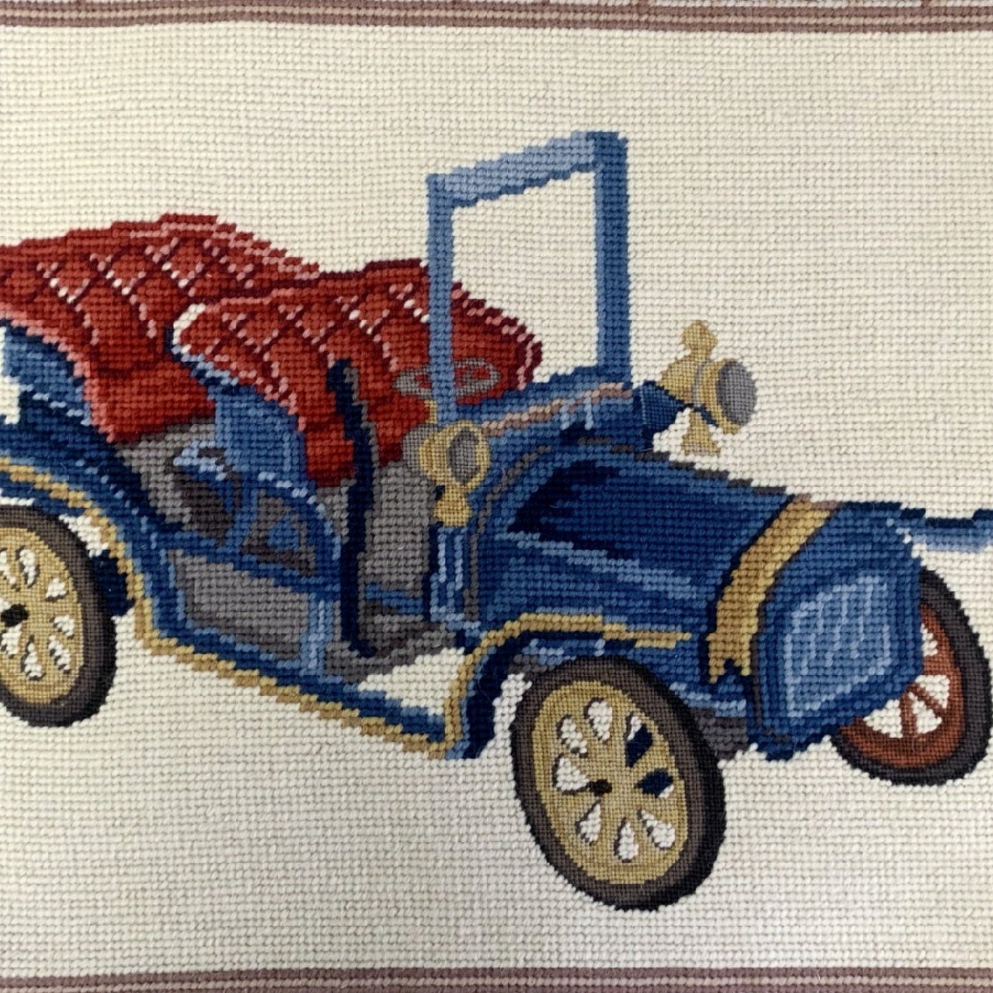 Handmade Wool Needlepoint Pillow Cover - Decorative Throw Cushion Cover - Vintage Floral Embroidery Design blue/red wagon with brown cording